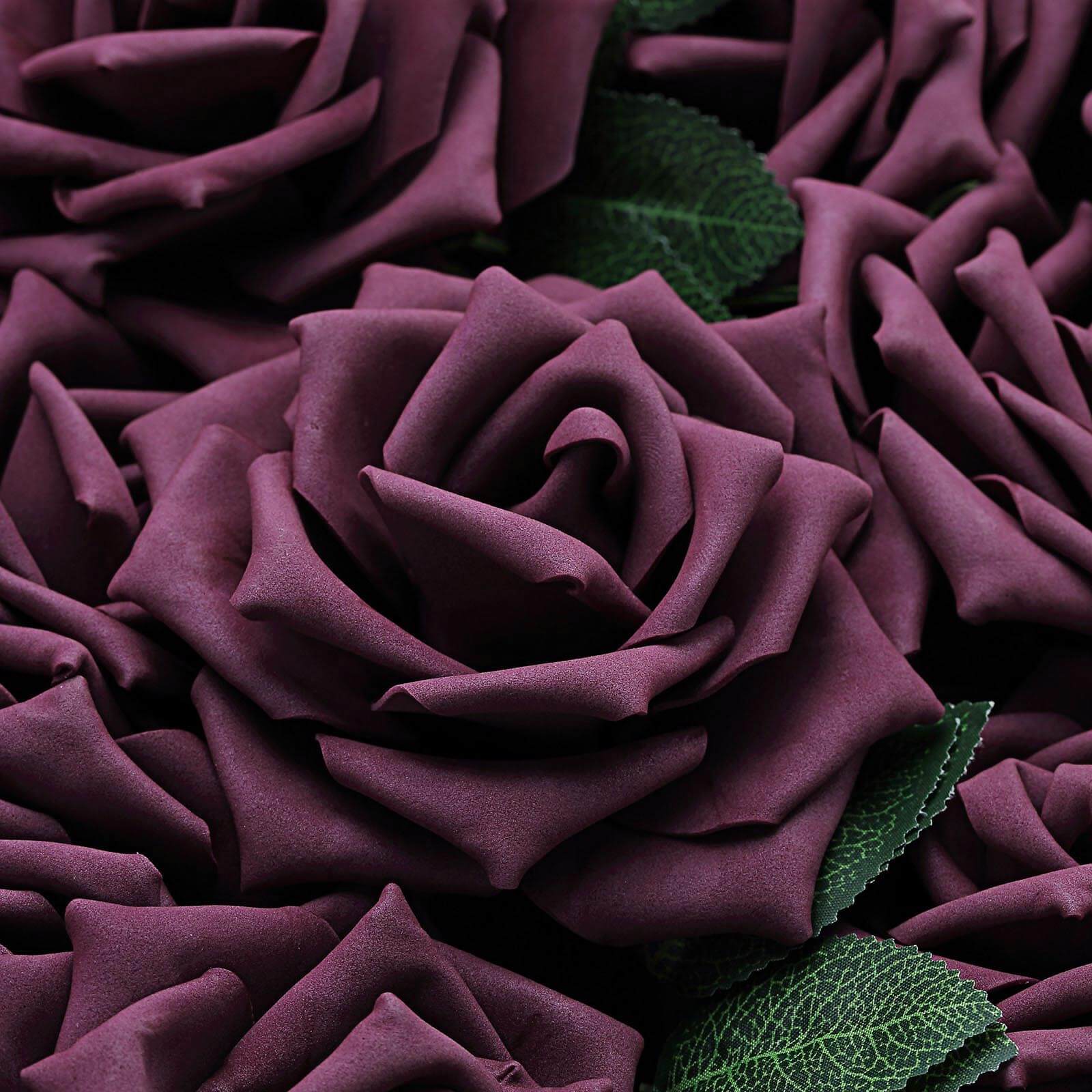 24 Roses 5 Eggplant Artificial Foam Flowers With Stem Wire and Leaves