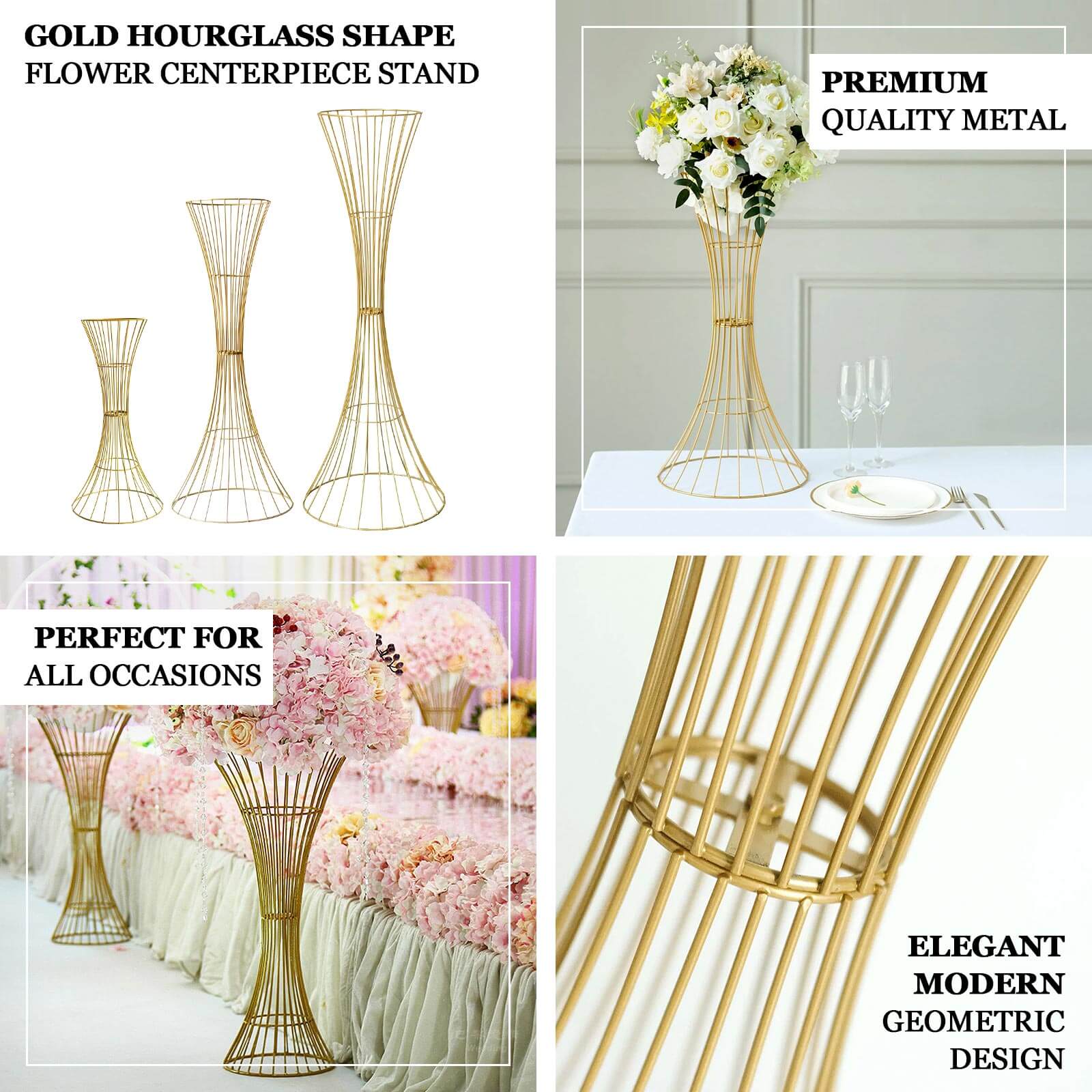 48 Tall Gold Metal Wire Hourglass Flower Frame Stand, Open Frame Reversible Trumpet Centerpiece Stand