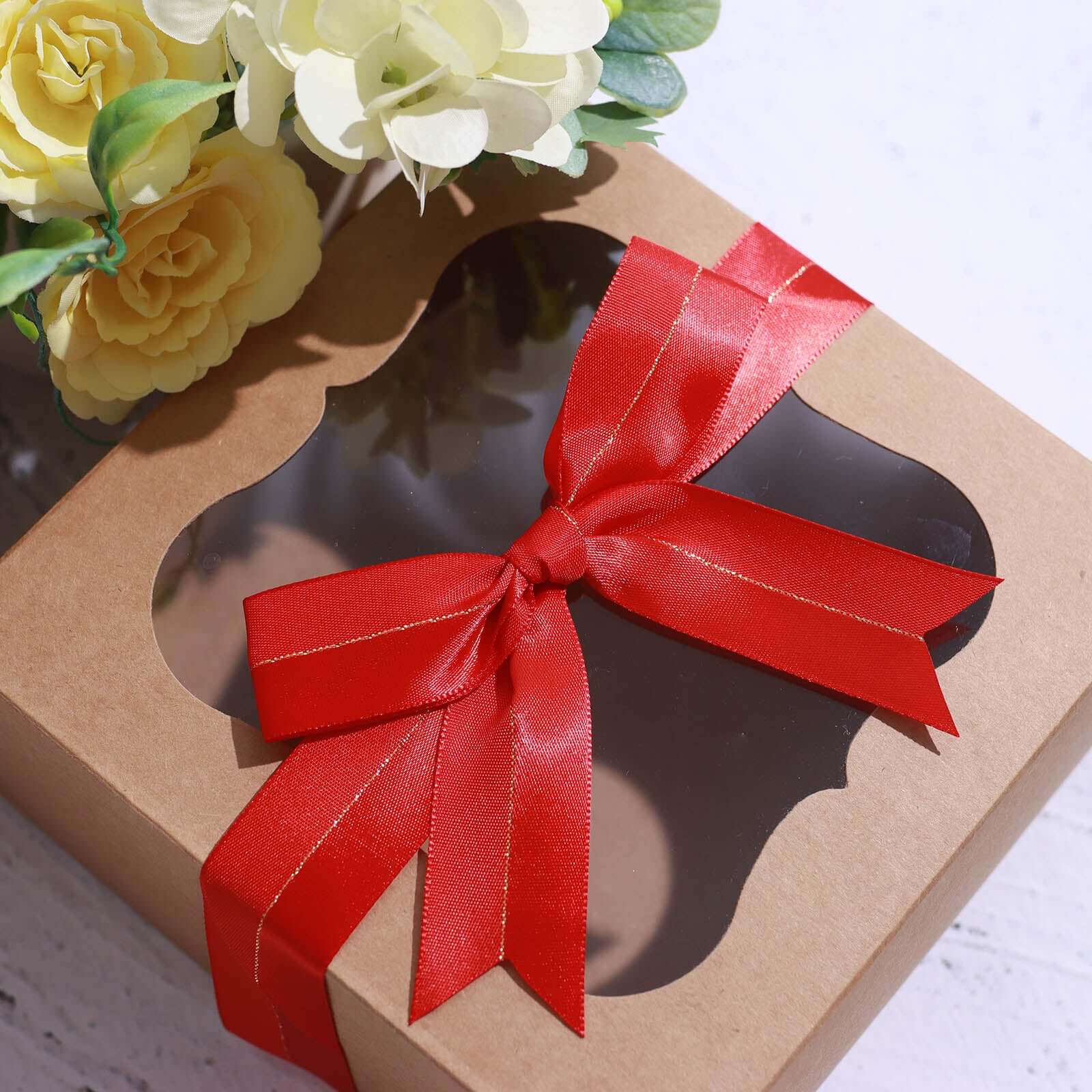 50 Pcs 10 Red Pre Tied Ribbon Bows, Satin Ribbon With Gold Foil Lining For Gift Basket and Party Favors Decor