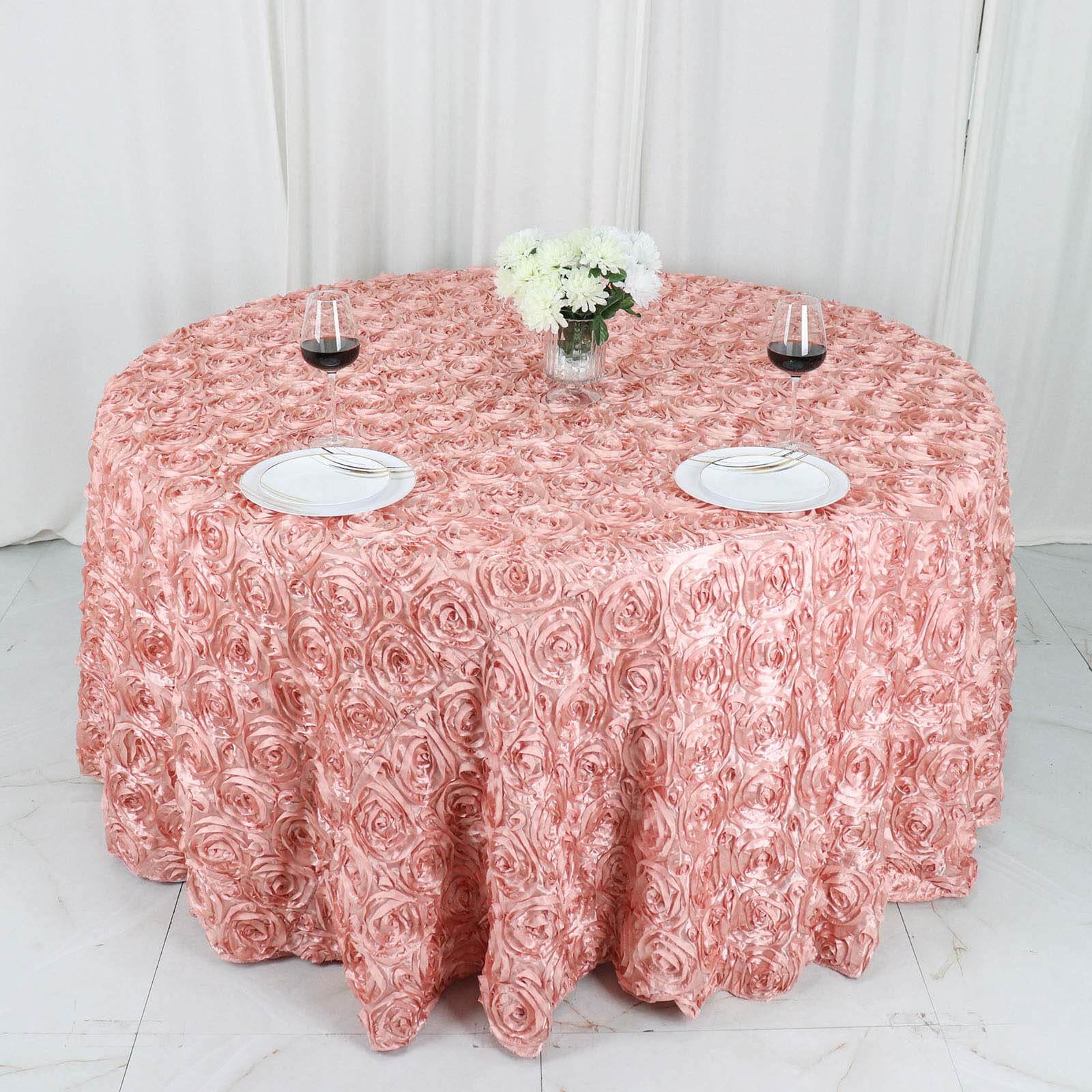 Satin 120 Round Tablecloth Dusty Rose - Grandiose 3D Rosette with Seamless Finish Table Cover