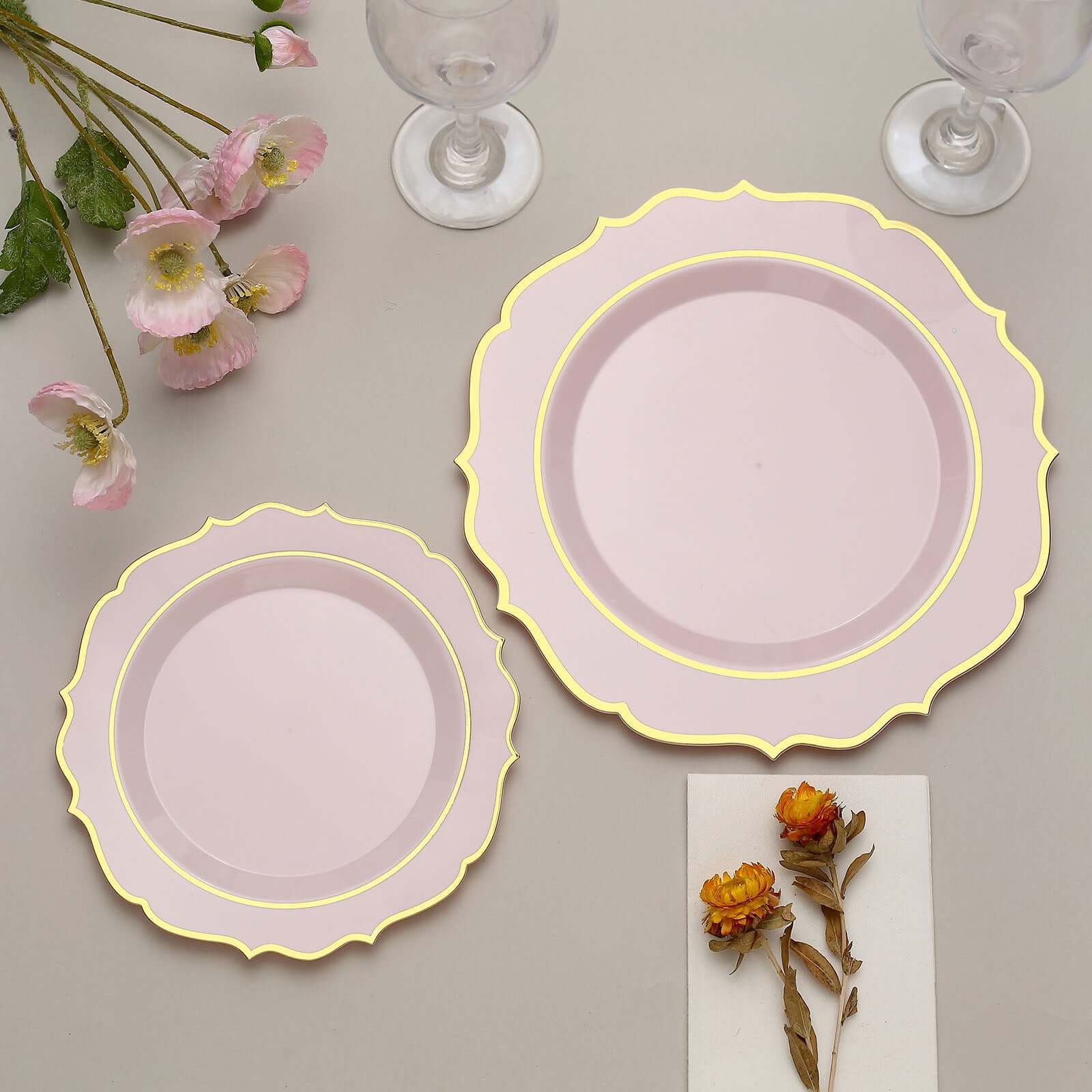 10-Pack Plastic 8 Round Desert Plates in Blush with Gold Scalloped Rim - Disposable Appetizer/Salad Plates