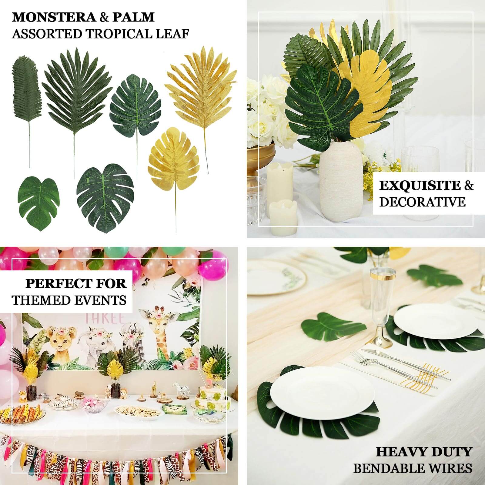 28 Pack Green And Gold Silk Tropical Monstera Palm Leaves, Assorted Artificial Jungle Theme Branches