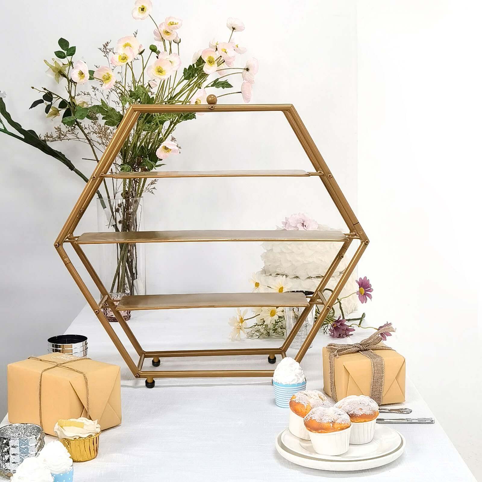 3-Tier Metal Hexagon Cupcake Stand Matte Gold - Stylish Geometric Dessert Holder Appetizer Display for Modern Weddings Dessert Buffets & Celebrations 21