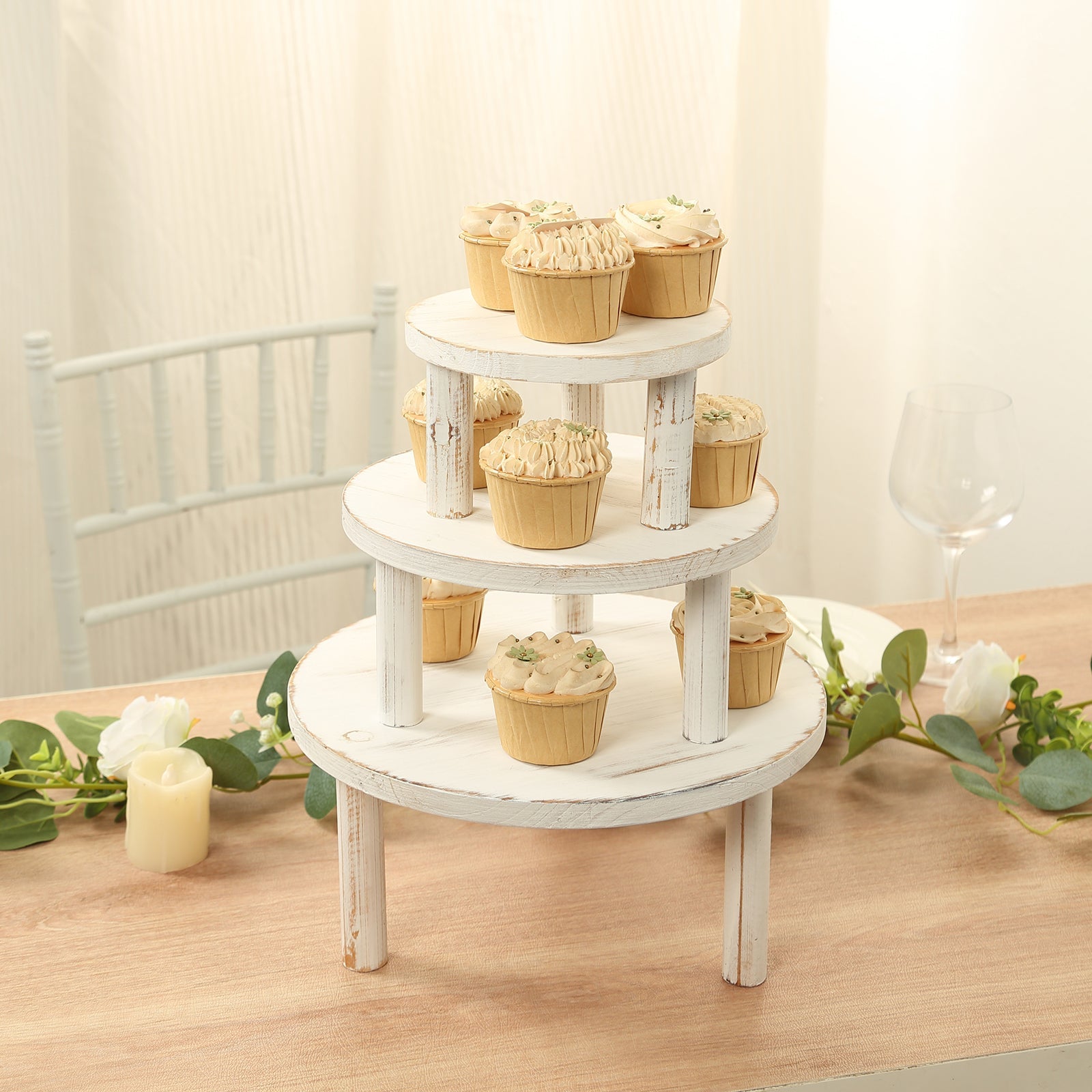 Set of 3 Wooden Pedestal Cake Stands Whitewash with Removable Legs - Stackable Round Rustic Plant Risers 7, 9.5, 12