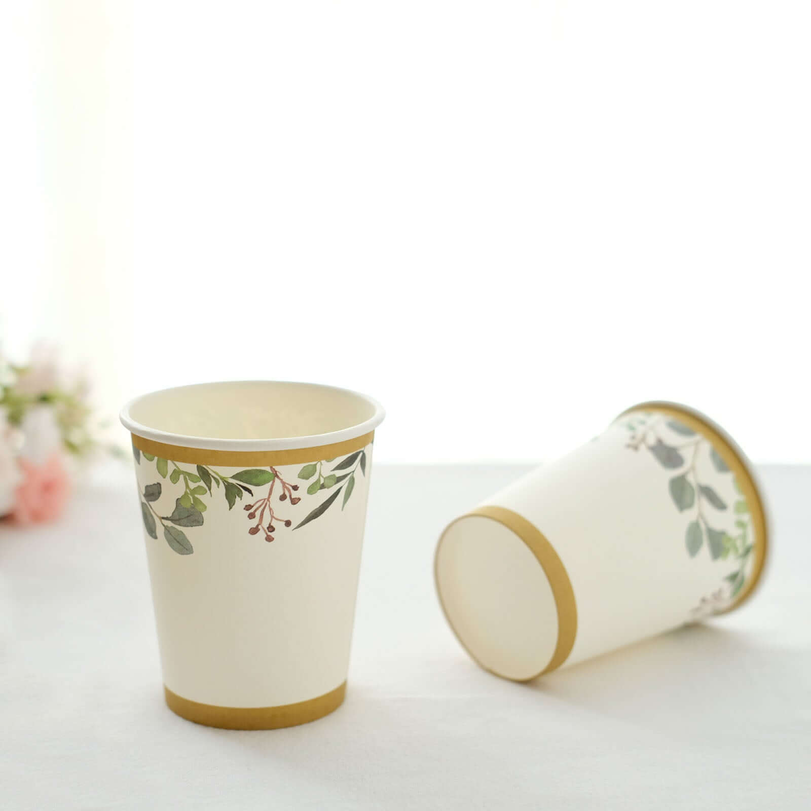 24 Pack 9oz White Tropical Greenery Gold Trim Party Paper Cups, Eucalyptus Disposable Cups With Gold Rim - 250 GSM