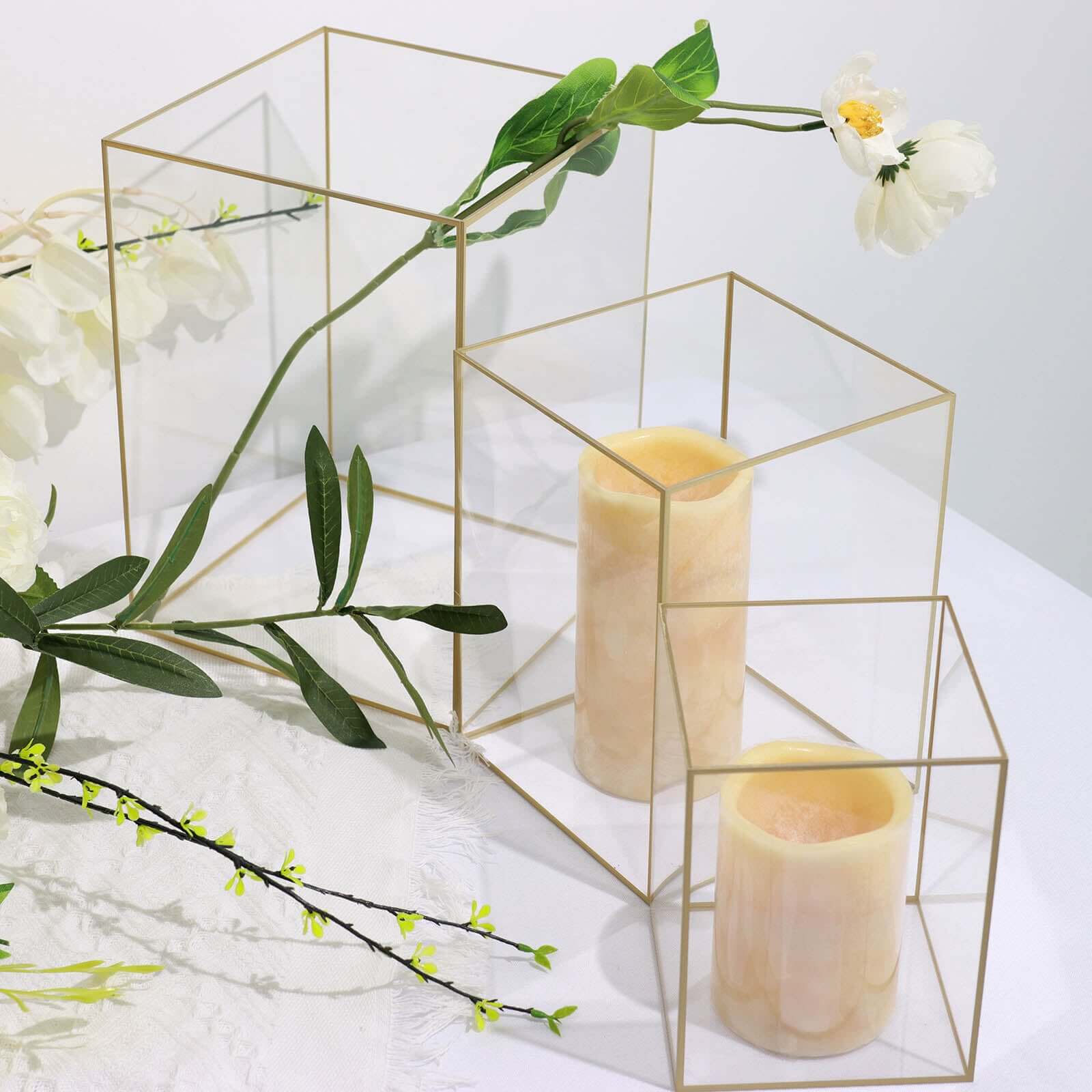 Set of 3 Candle Holders Acrylic Flower Display Boxes with Gold Rims Clear - Decorative Pillar Centerpieces 6, 8, 10