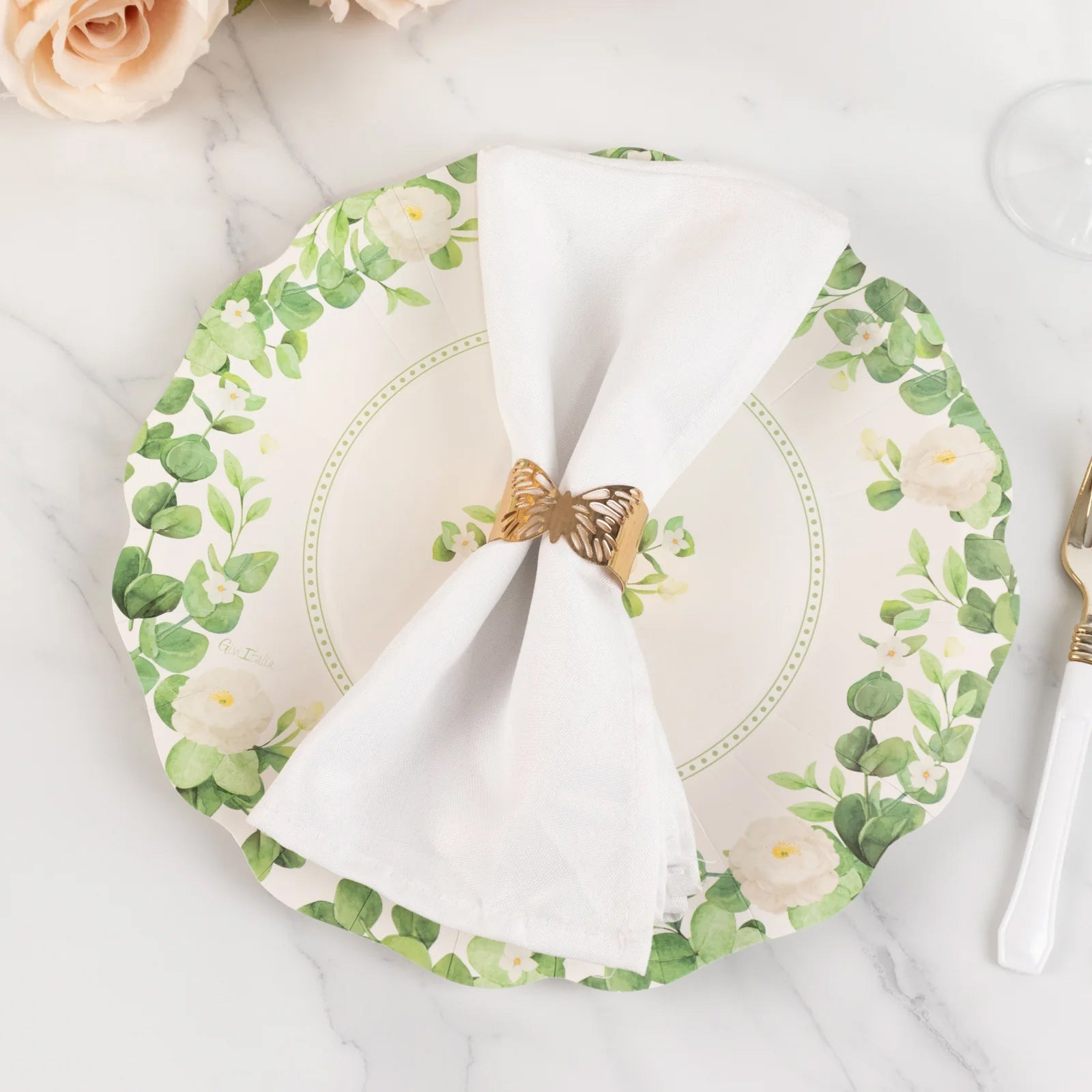 25-Pack Paper 11 Round Dinner Plates in White with Floral Greenery & Scalloped Edges - Disposable Party Plates for Nature-Inspired Events & Chic Celebrations