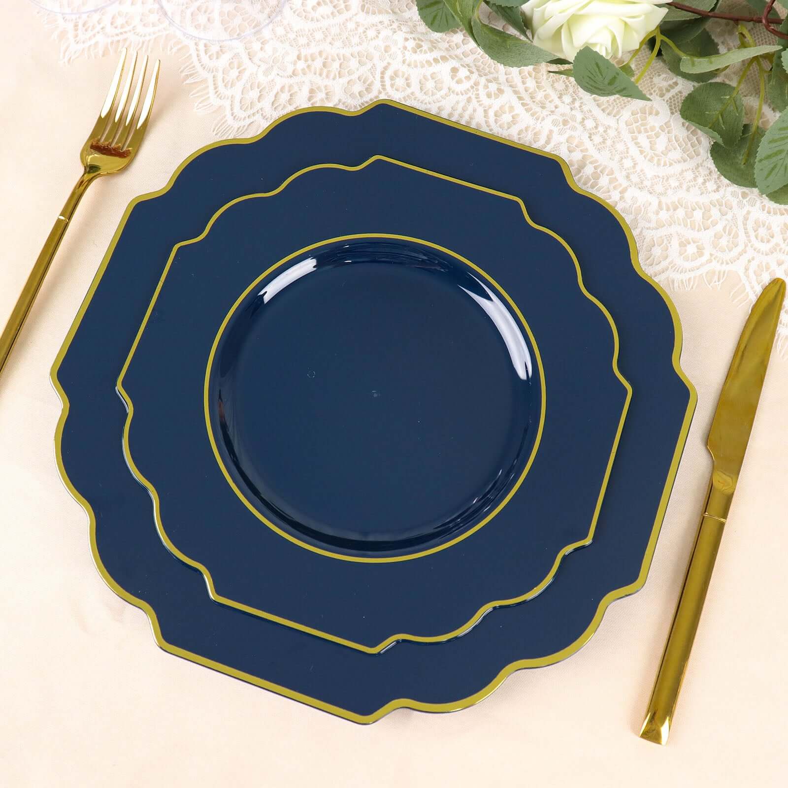 10 Pack 8 Navy Blue Hard Plastic Dessert Appetizer Plates, Disposable Tableware, Baroque Heavy Duty Salad Plates with Gold Rim