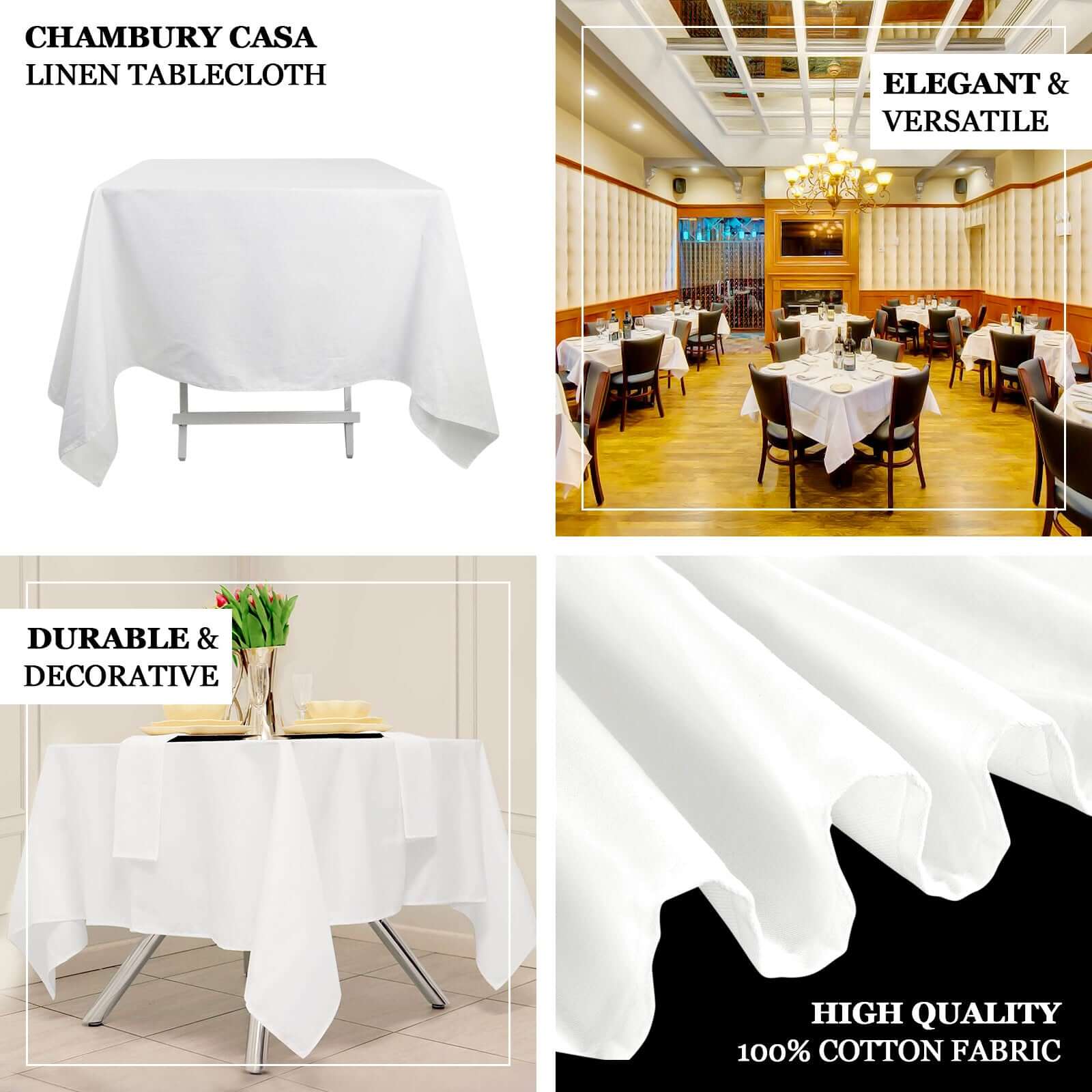 100% Cotton 70x70 Square Tablecloth White Linen - Sophisticated, Soft & Breathable Fabric Table Cover
