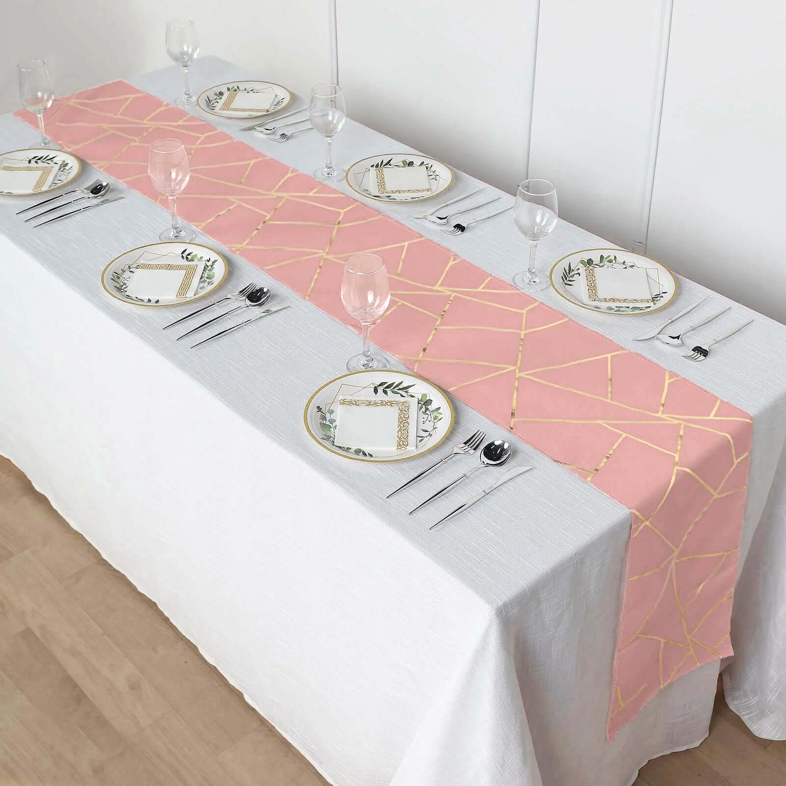 Polyester 9ft Table Runner Dusty Rose with Gold Foil Modern Geometric Accent