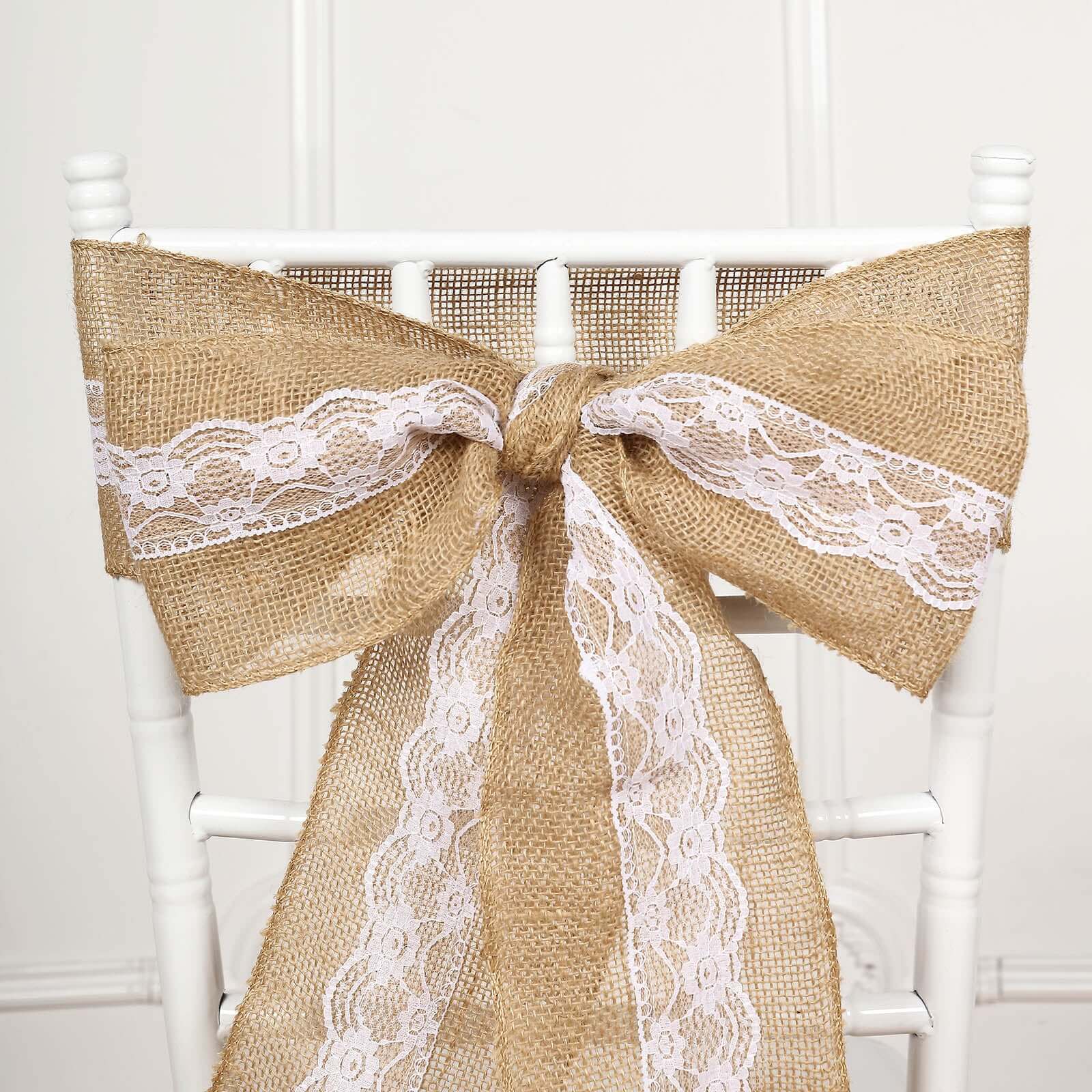 Natural Burlap Chair Sash 5x108 with Lace Hessian Jute - Rustic Bow Design for Weddings & Gatherings