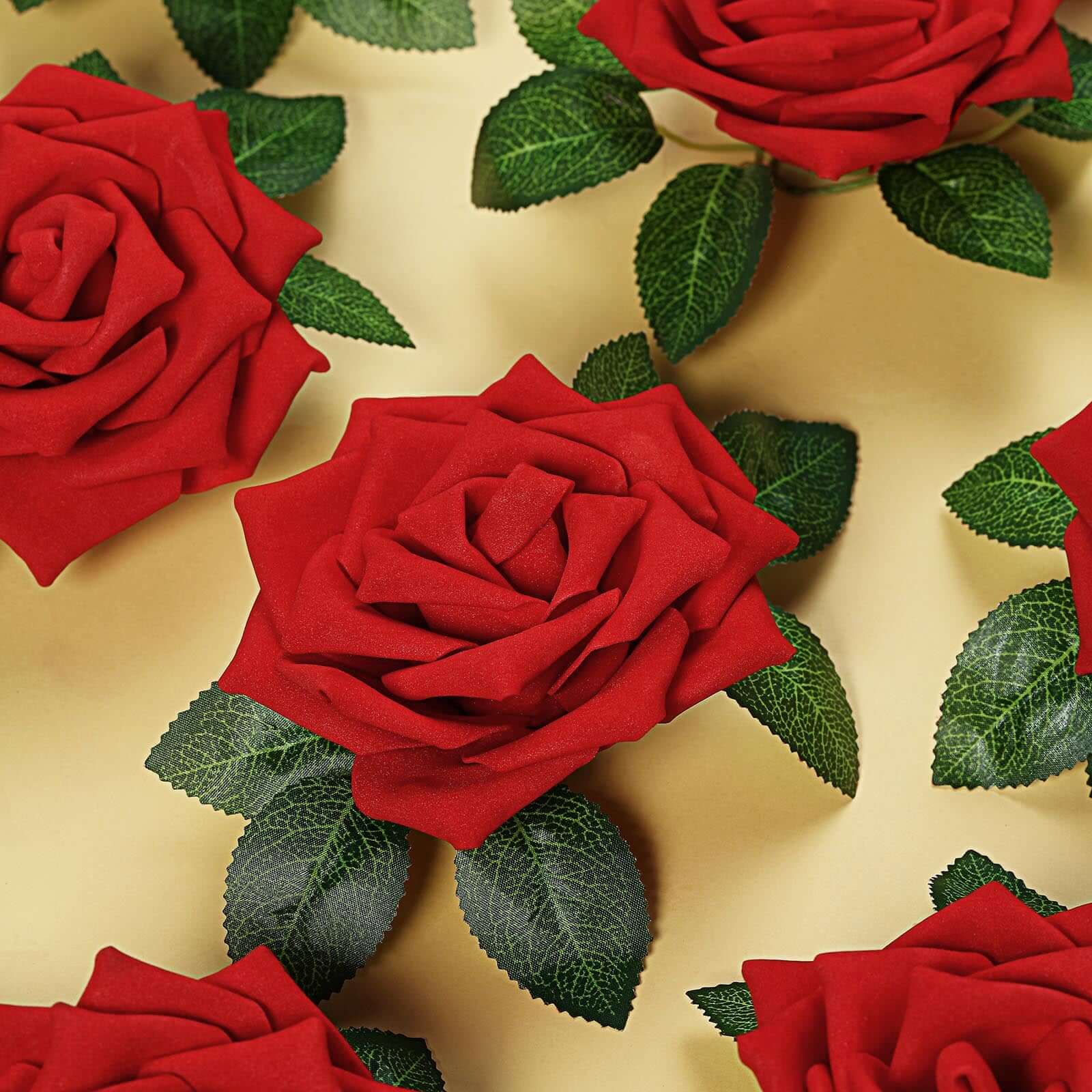 24 Roses 5 Red Artificial Foam Flowers With Stem Wire and Leaves