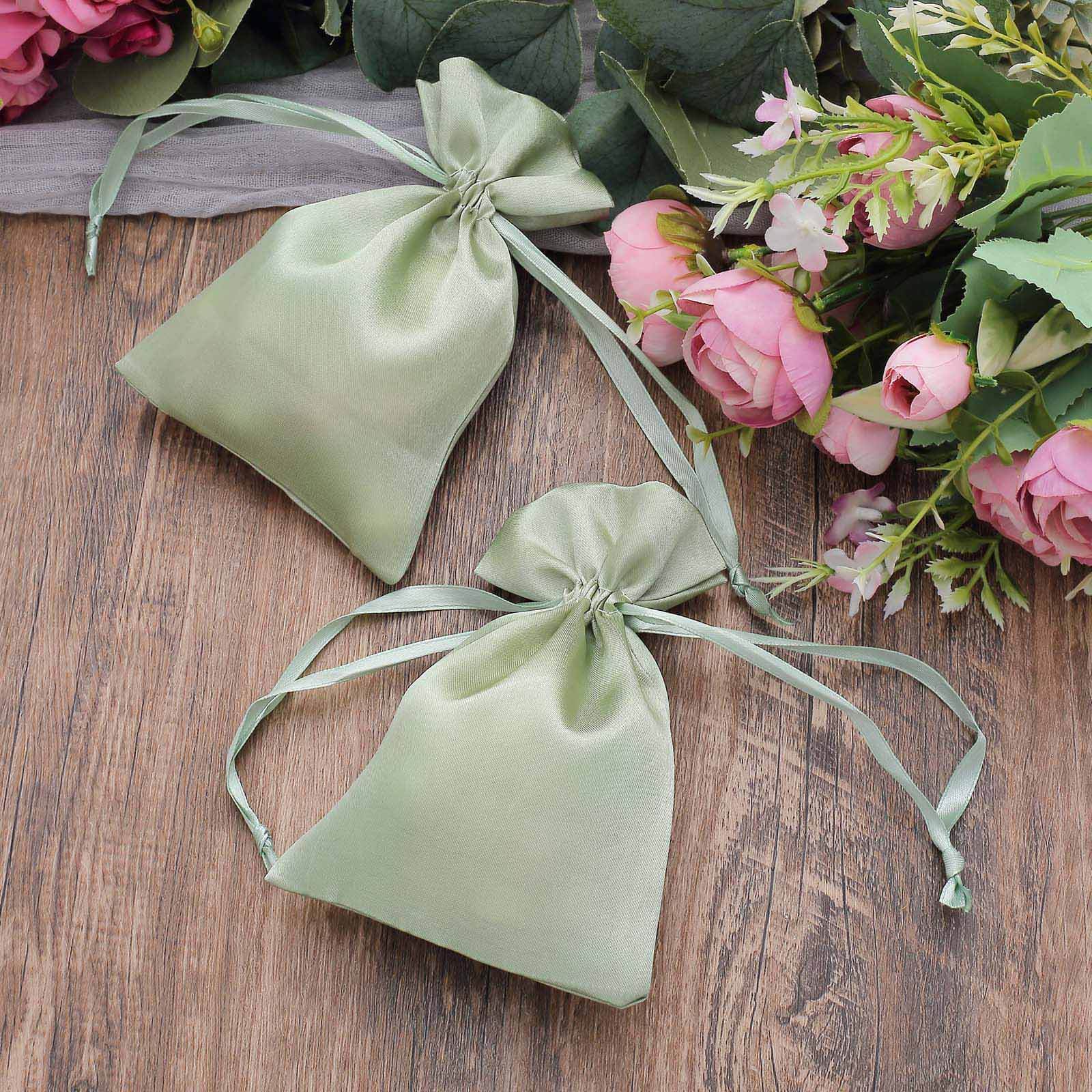 12 Pack 4x6 Sage Green Satin Drawstring Wedding Party Favor Gift Bags