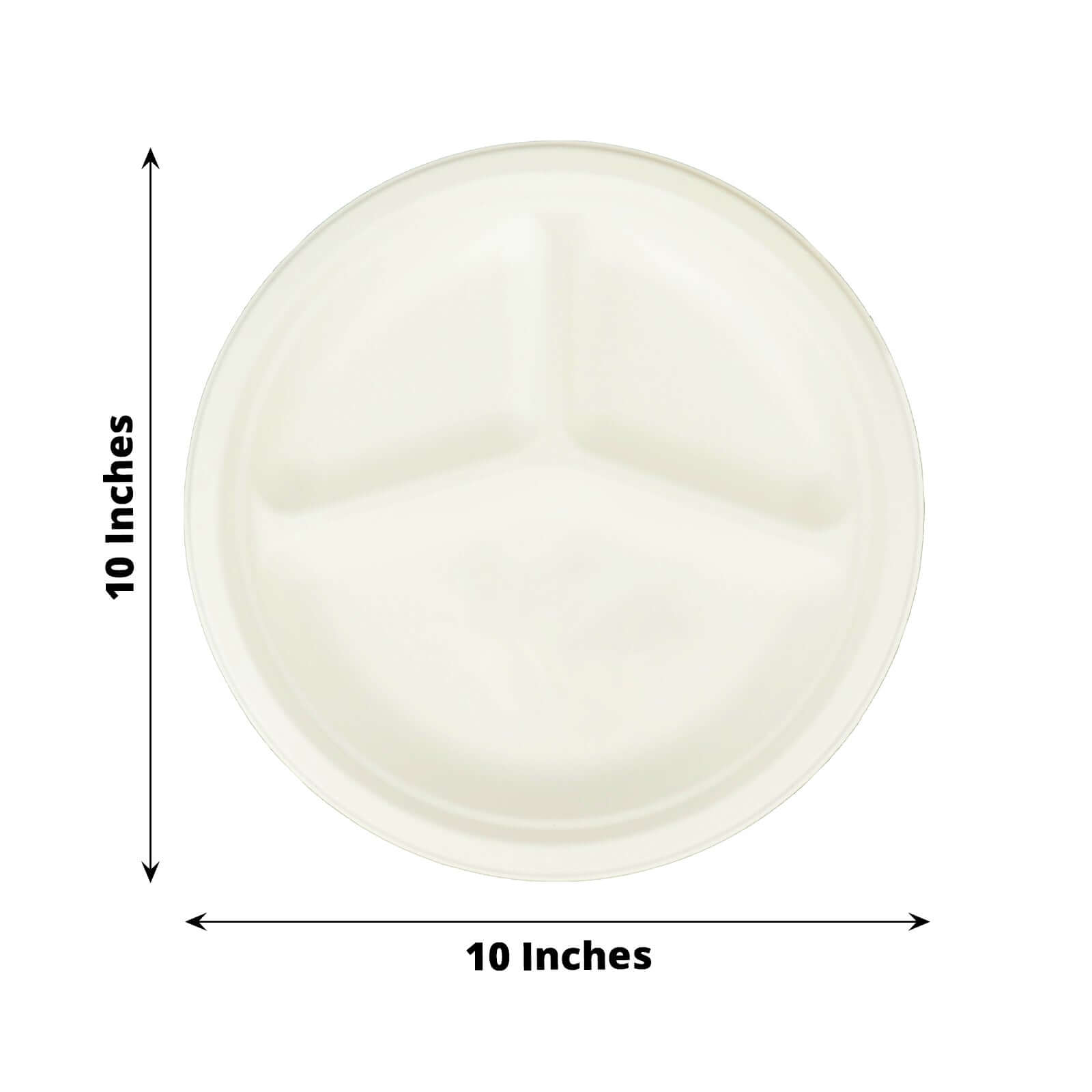 50-Pack Bagasse 10 Round Dinner Plates in White with 3-Compartments - Eco Friendly Biodegradable Sugarcane Divided Plates for Food Trucks Catering & Events