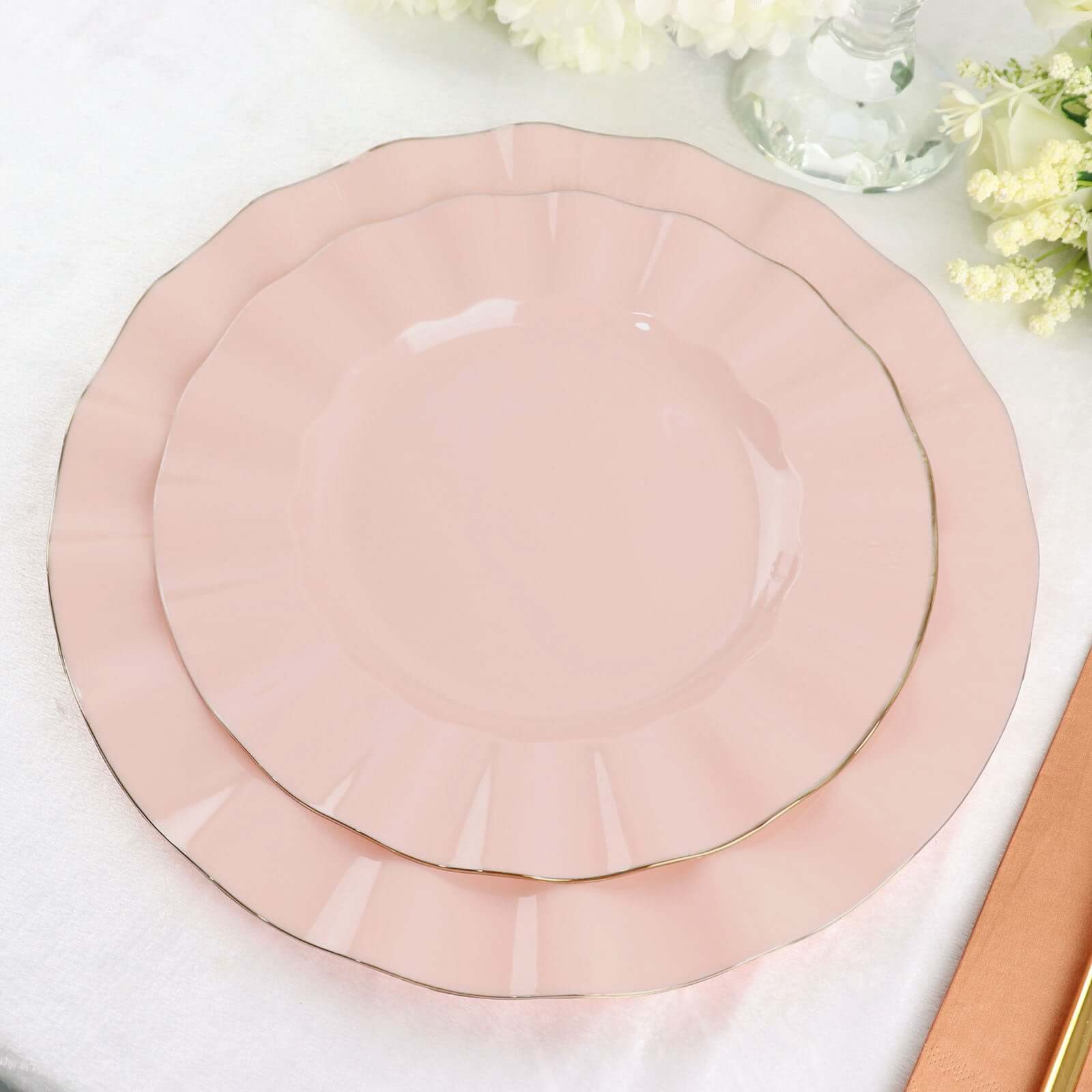 10-Pack Plastic 9 Round Dinner Plates in Blush Ruffled Rim with Gold Edging - Sturdy Disposable Dinnerware