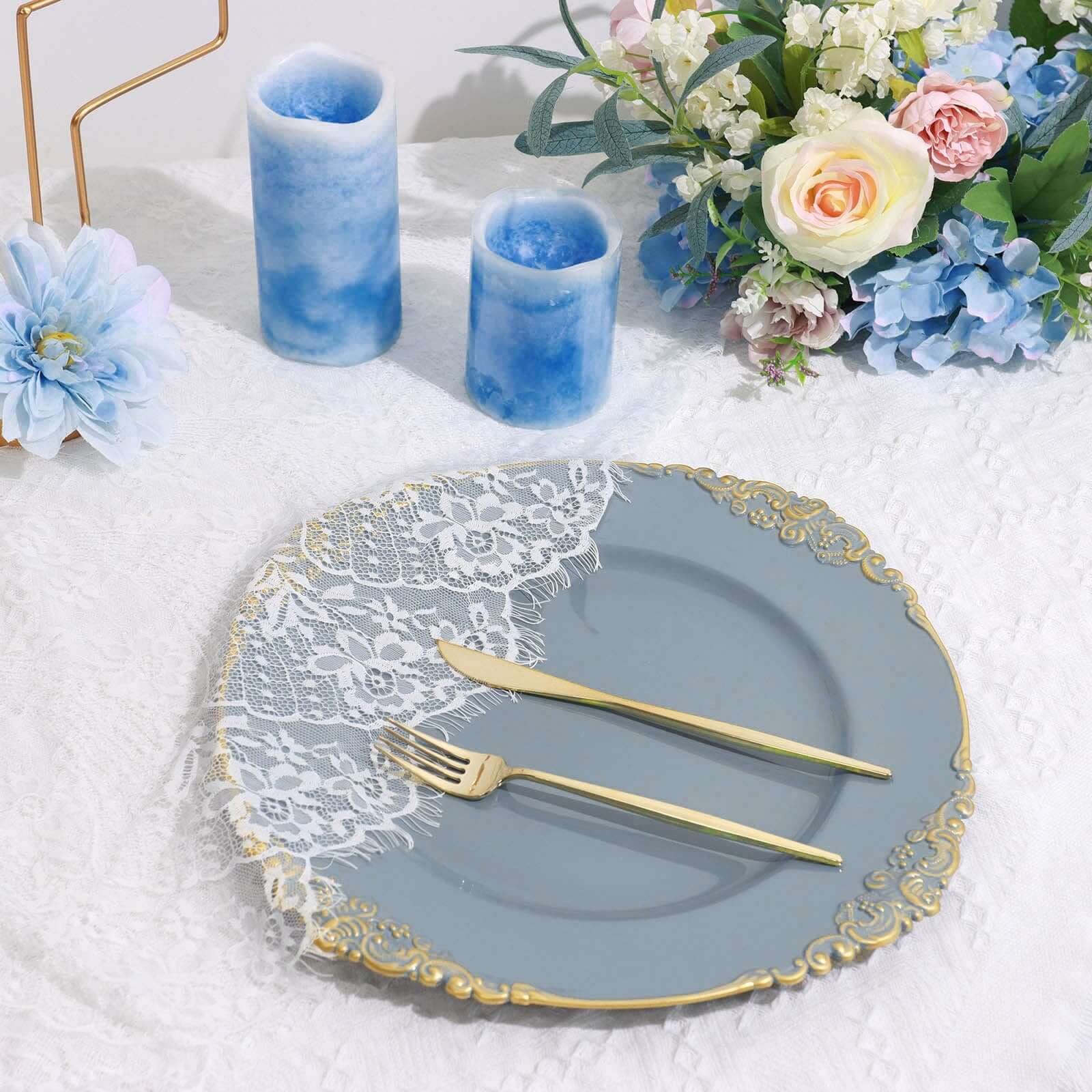 6-Pack Acrylic Round Charger Plates 13 in Dusty Blue with Gold Embossed Baroque Rim, Antique Decorative Dinner Party Charger Tableware