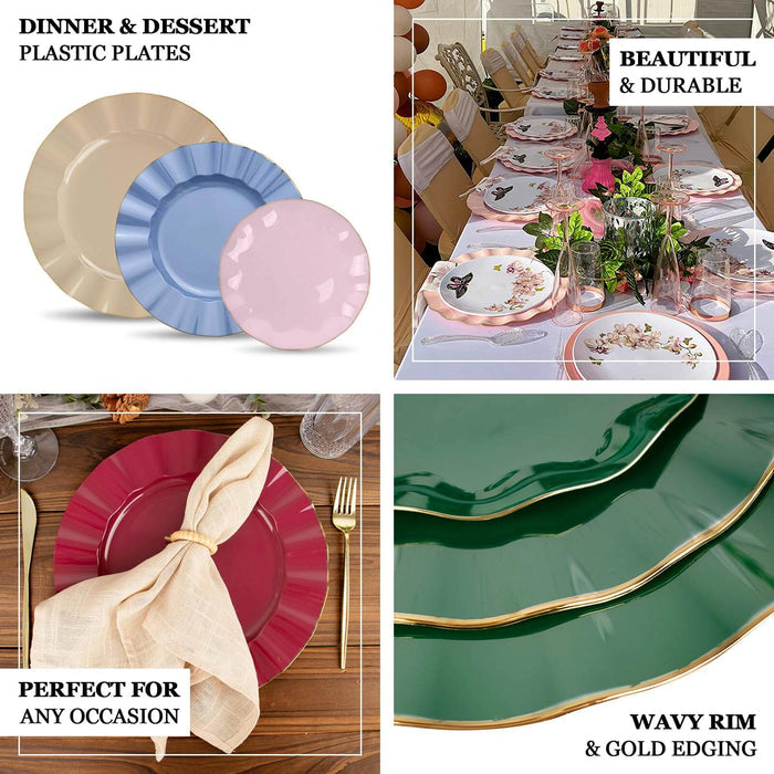 10-Pack Plastic 9 Round Dinner Plates in Gold with Ruffled Rim - Sturdy Disposable Dinnerware for Classy Events & Banquets