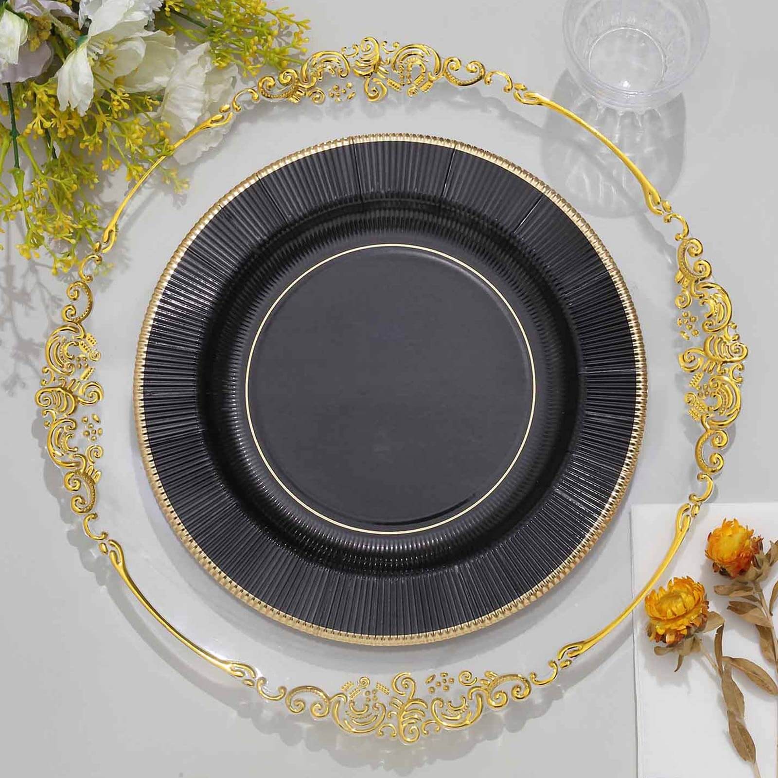 25-Pack Paper 10 Round Dinner Plates in Black Sunray Design with Gold Rim - Disposable Heavy Duty 350GSM Party Plates for Banquets & Celebrations