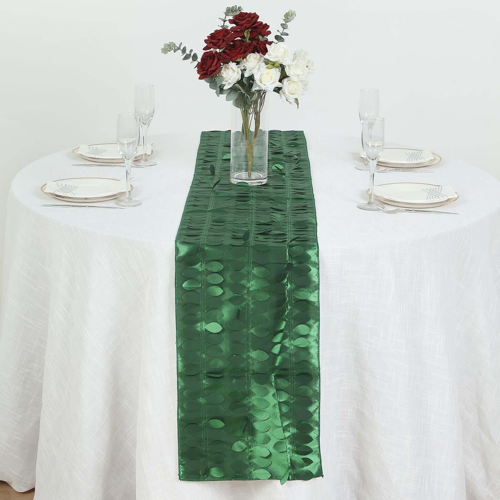 Taffeta Fabric 12x108 Table Runner Green - 3D Leaf Petal Design