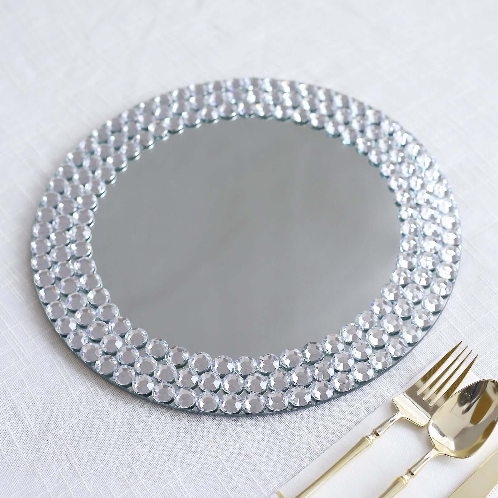 2-Pack Mirror Glass Round Charger Plates 13 with Silver Mirror Diamond Beaded Rim, Upscale Decorative Chargers