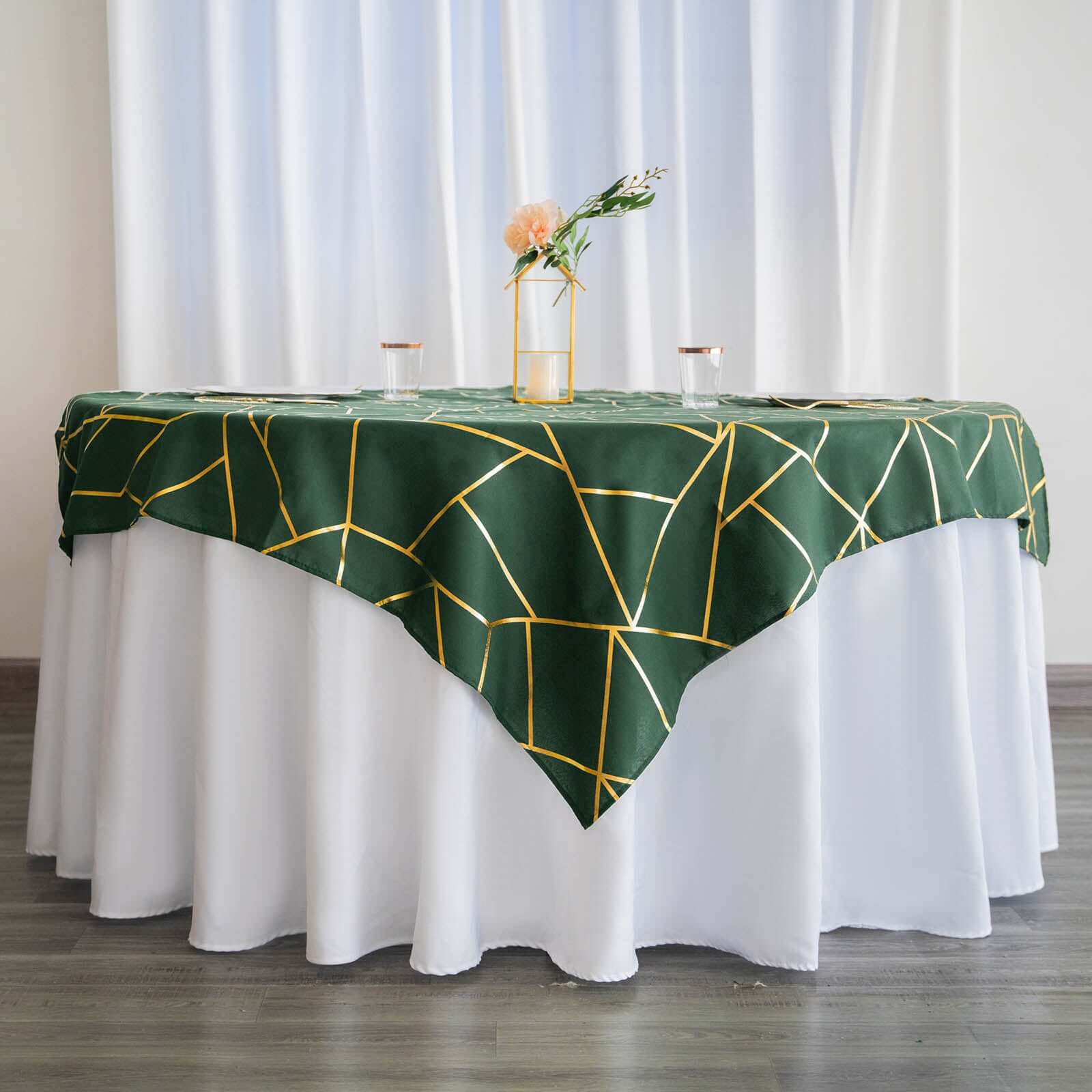 Polyester 54x54 Table Overlay Square Tablecloth Hunter with Gold Foil Geometric Pattern - Wrinkle-Resistant & Durable Table Topper