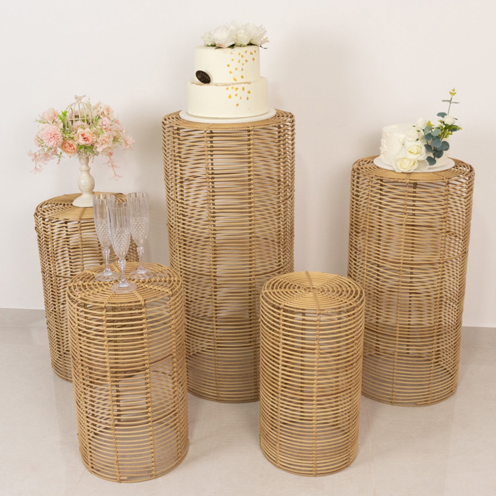 Set of 5 Natural Woven Rattan Wicker Pedestal Stands, Boho Chic Side Table Cylinder Cake Dessert Plant Display Stands - 20,21,24,29,36