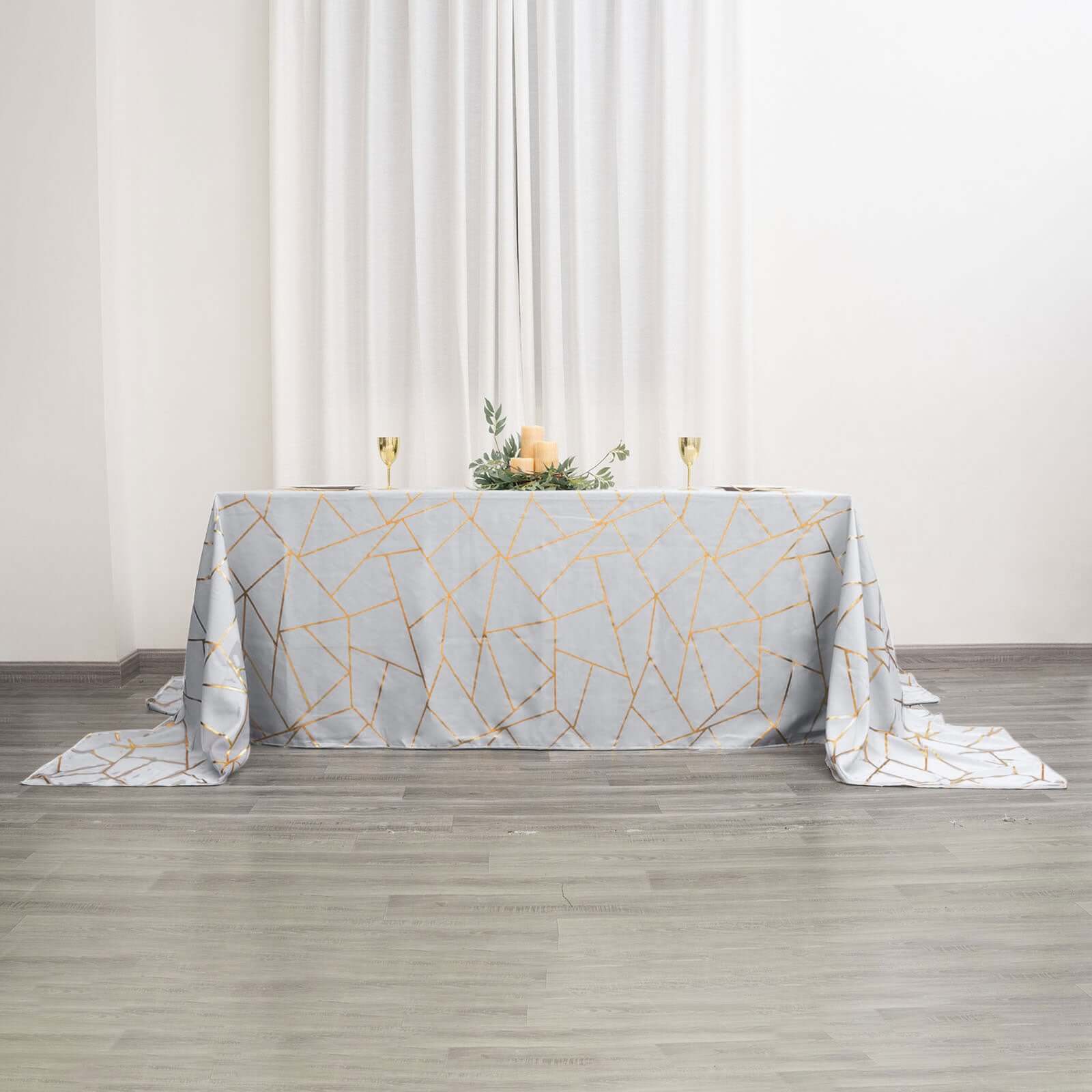 Polyester 90x156 Rectangle Tablecloth Silver Seamless with Gold Foil Geometric Pattern - Wrinkle-Resistant Seamless Table Cover for Sophisticated Events