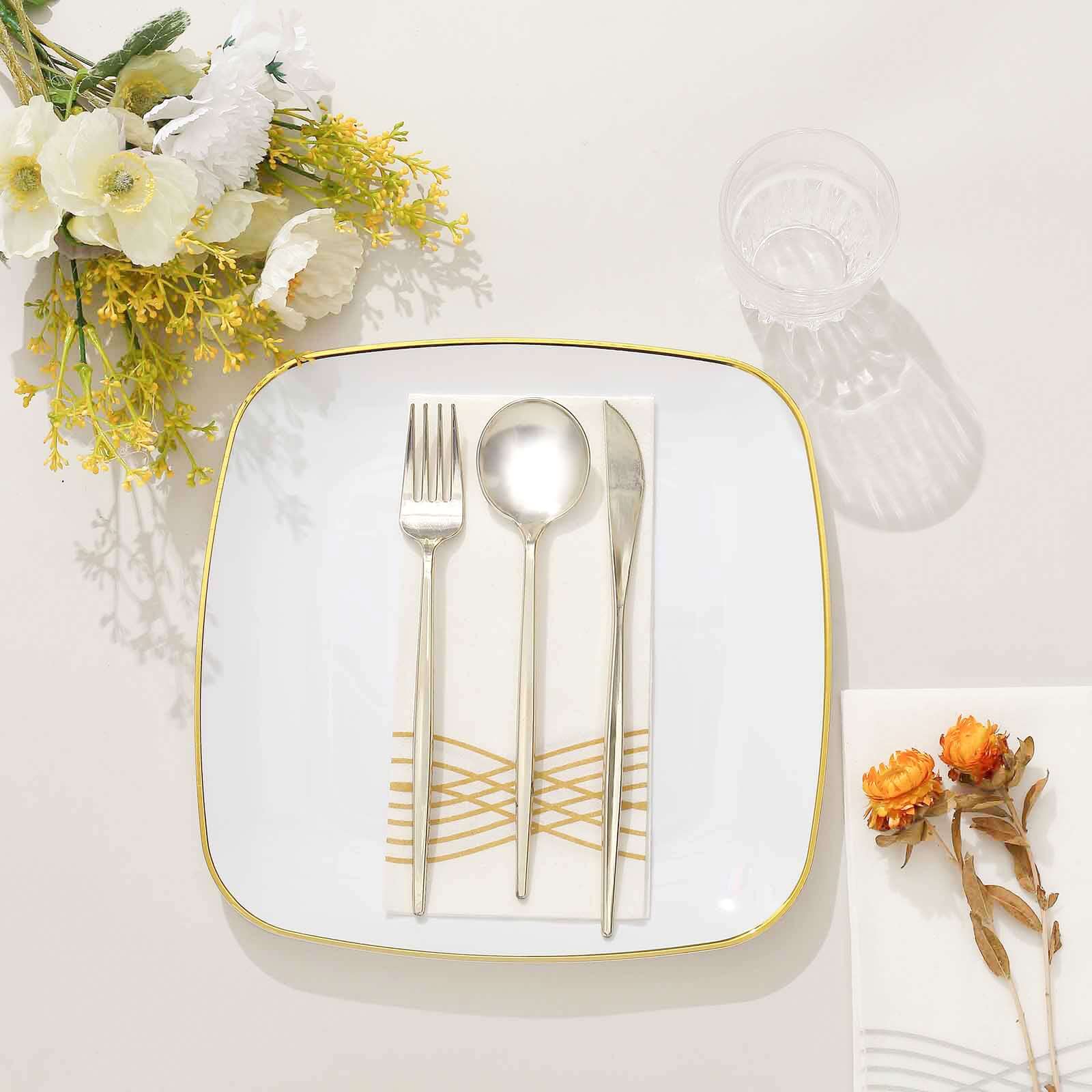 10-Pack Plastic 10 Square Dinner Plates in White with Gold Rim - Classy Disposable Lunch Party Plates for Weddings & Special Events