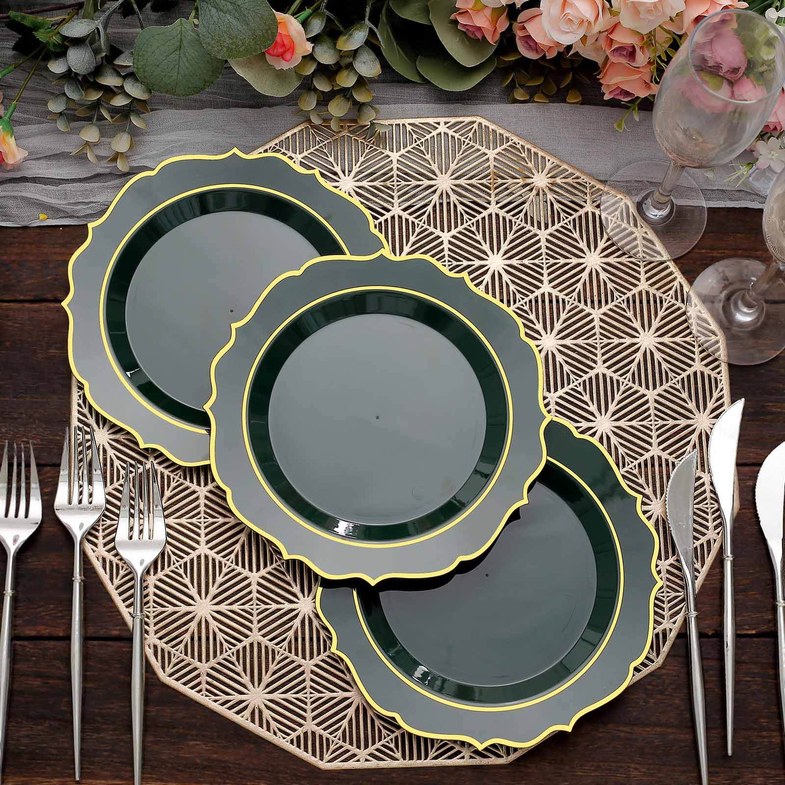 10-Pack Plastic 8 Round Desert Plates in Hunter Emerald Green with Gold Scalloped Rim - Disposable Appetizer/Salad Plates