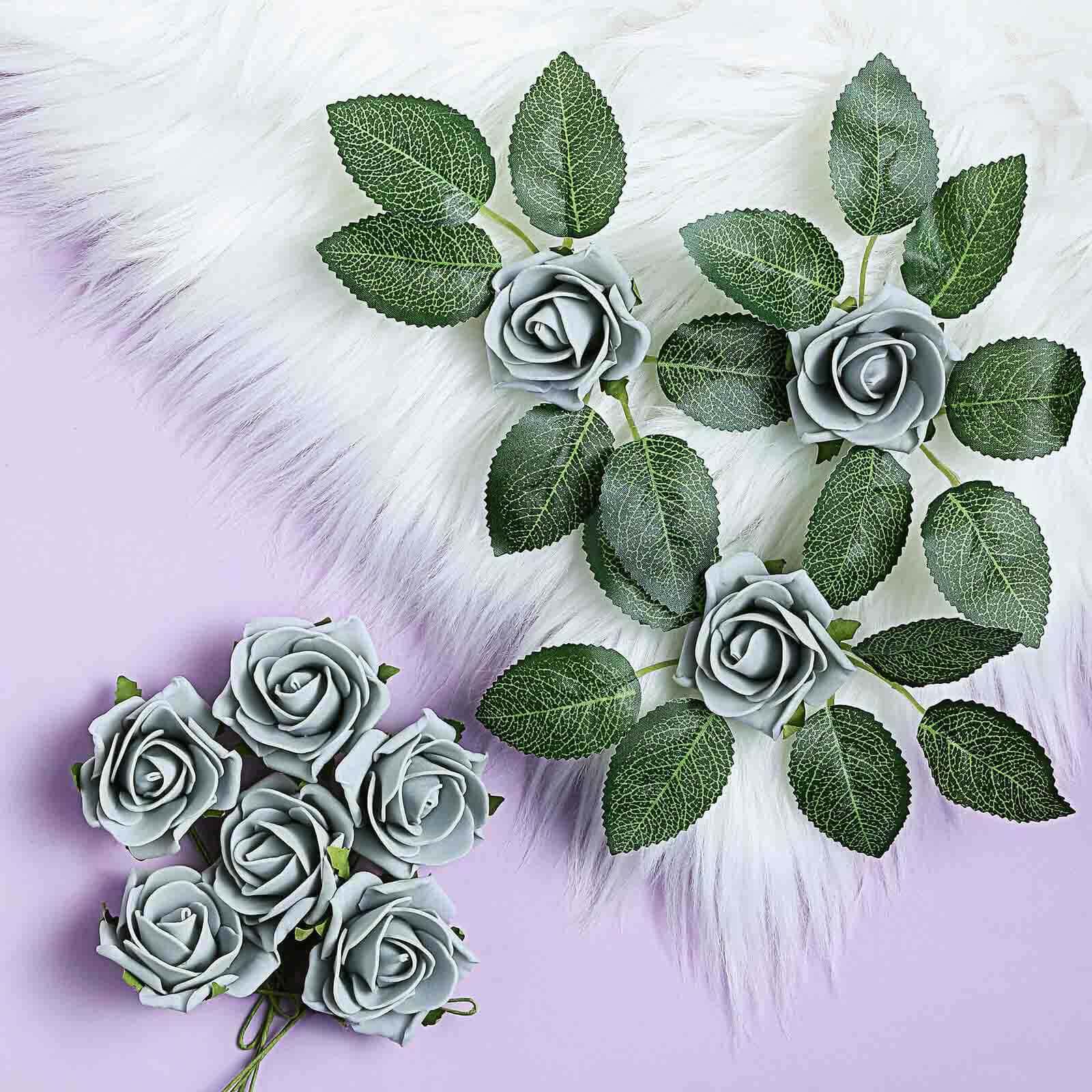 24 Roses 2 Silver Artificial Foam Flowers With Stem Wire and Leaves