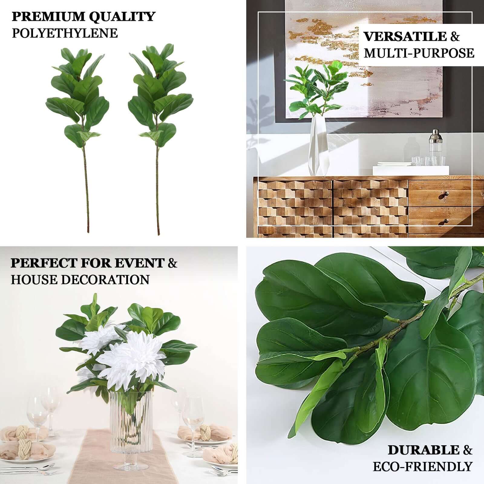 2 Bushes 25 Green Artificial Fiddle Leaf Branch Stems, Faux Plants