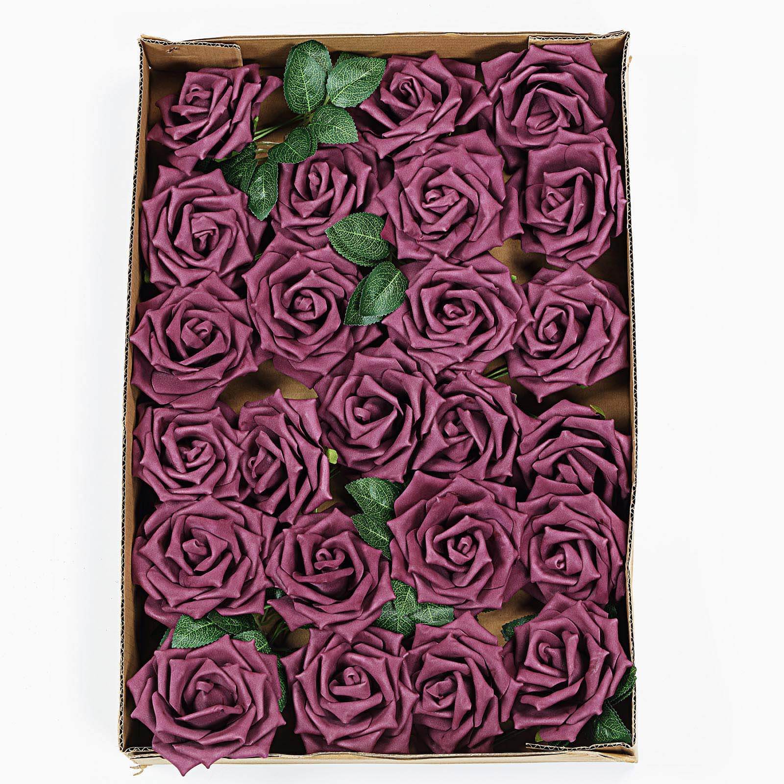 24 Roses 5 Eggplant Artificial Foam Flowers With Stem Wire and Leaves