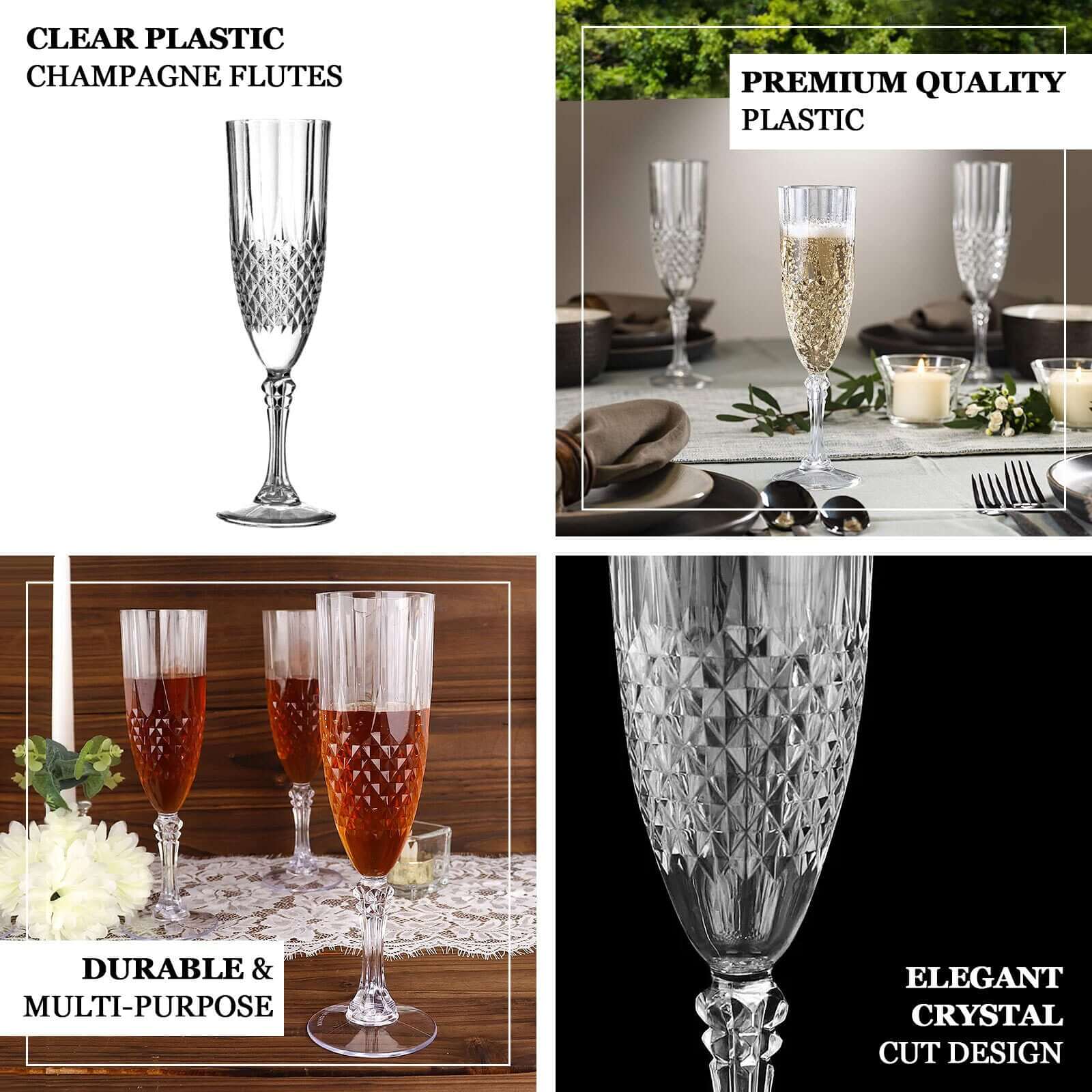 6-Pack Plastic Wedding Toast Flutes Dusty Blue Transparent Crystal Cut Style - Reusable Champagne Glasses 8oz