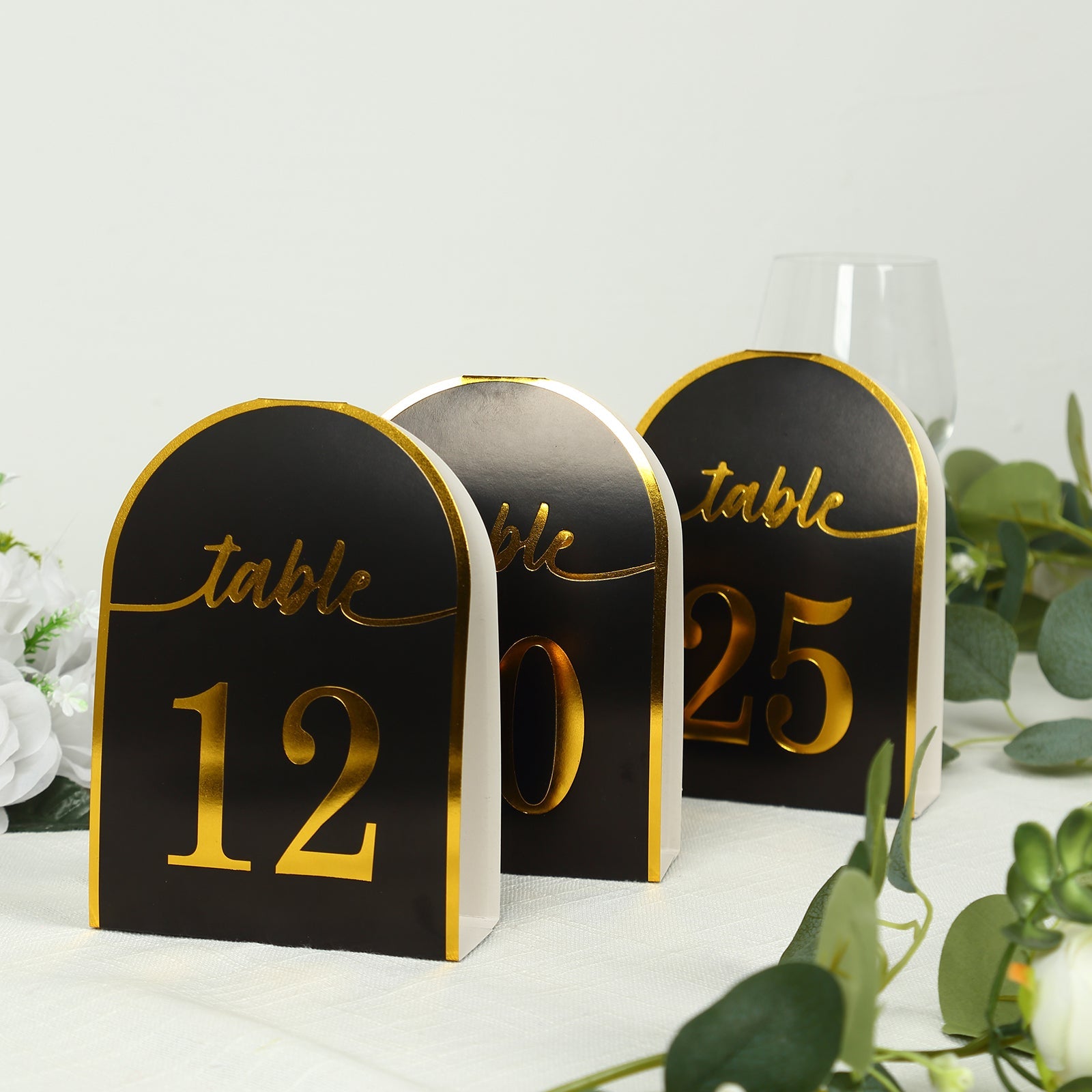 25-Pack Paper Wedding Table Numbers 1-25 Black Arch Cutout Design - Sleek & Modern Free Standing Double Sided Table Tent Cards with Metallic Gold Foil Numbers 7