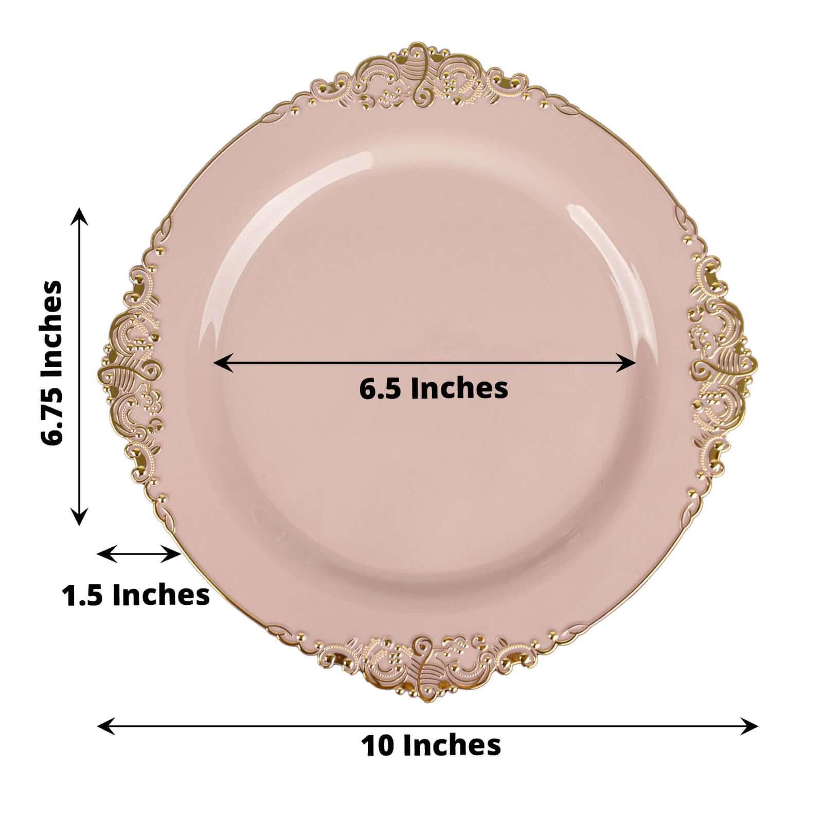 10-Pack Plastic 10 Round Dinner Plates in Blush with Gold Leaf Embossed Rim - Disposable Vintage Baroque Style Plates