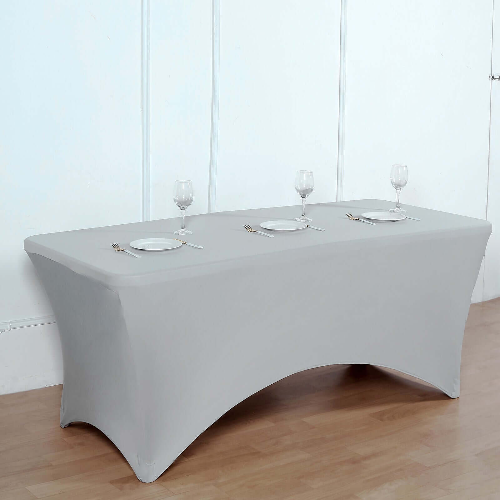 Stretch Spandex 96x30 Rectangle Table Cover Silver - Durable Form-Fitting Tablecloth