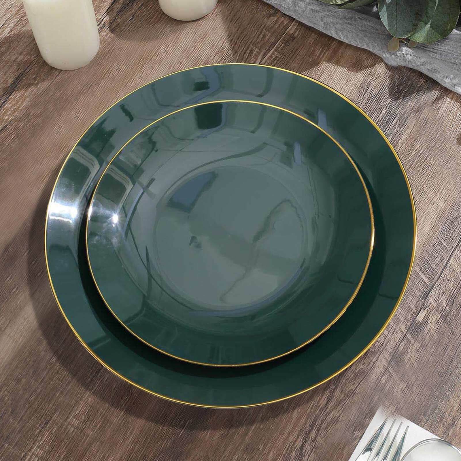 10-Pack Plastic 8 Round Dessert Plates in Hunter Emerald Green with Gold Rim - Glossy Disposable Appetizer Salad Plates