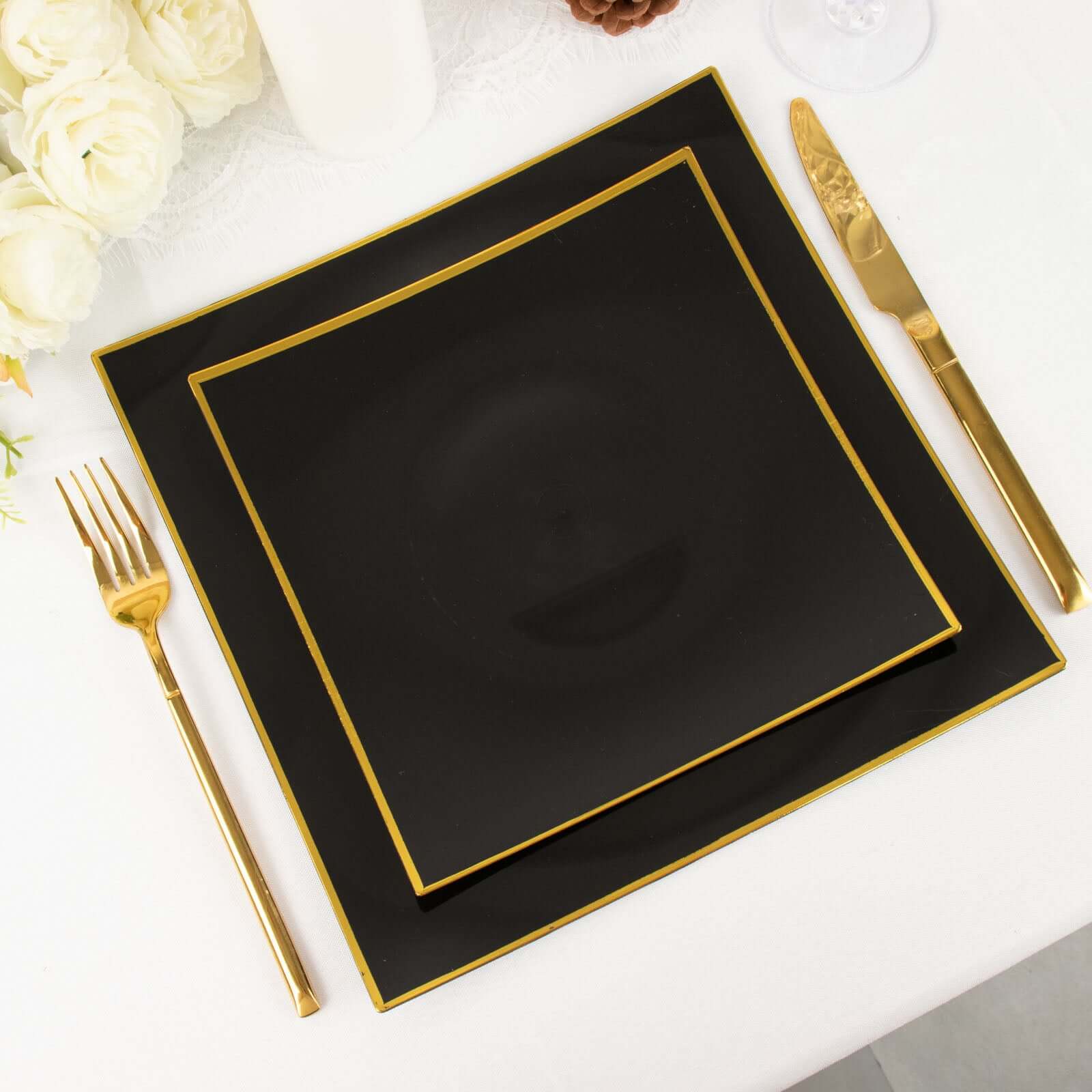 10-Pack Plastic 8 Square Dessert Plates in Black Concave Style with Gold Rim - Modern Disposable Salad Appetizer Party Plates