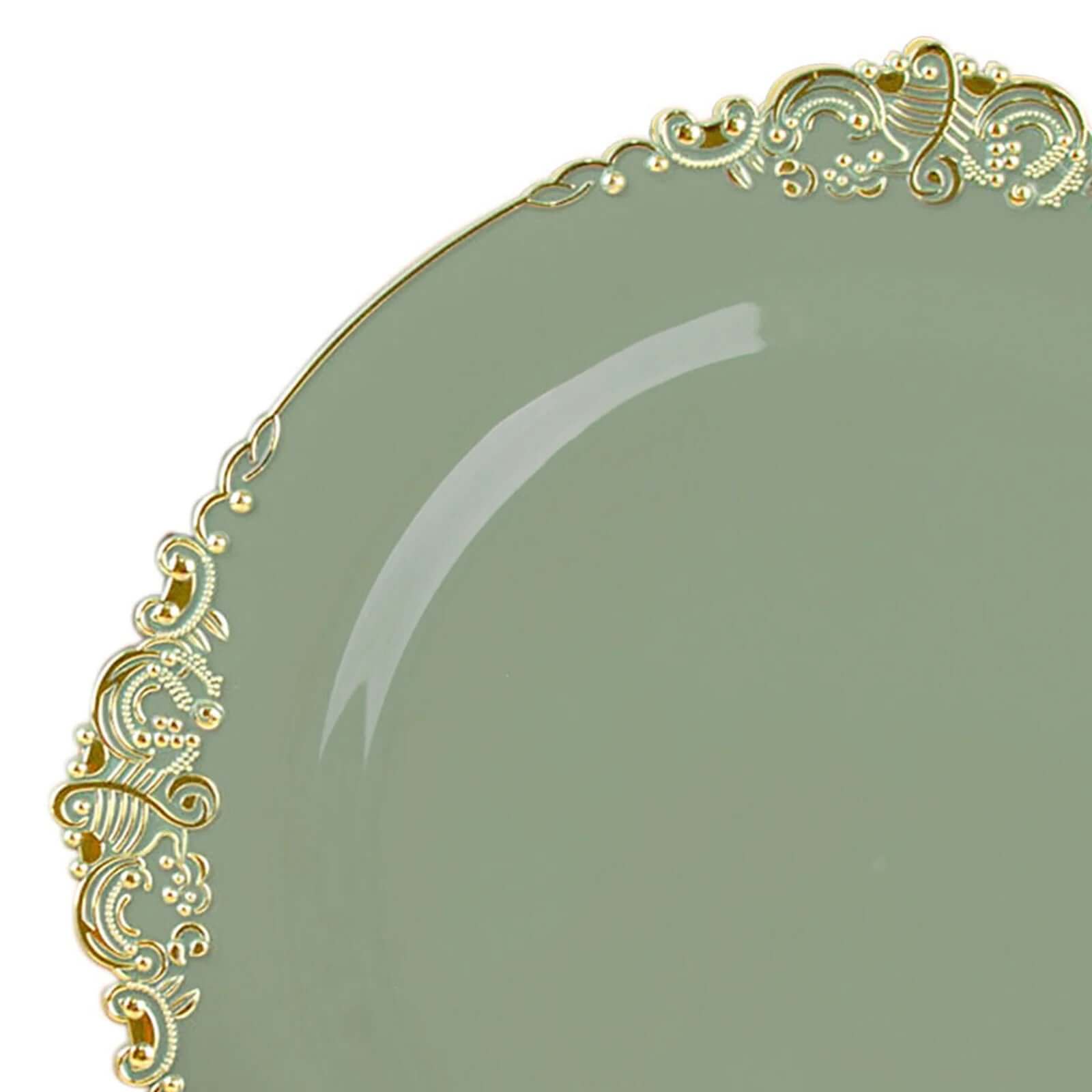 10-Pack Plastic 10 Round Dinner Plates in Dusty Sage Green with Gold Leaf Embossed Rim - Disposable Vintage Baroque Style Plates