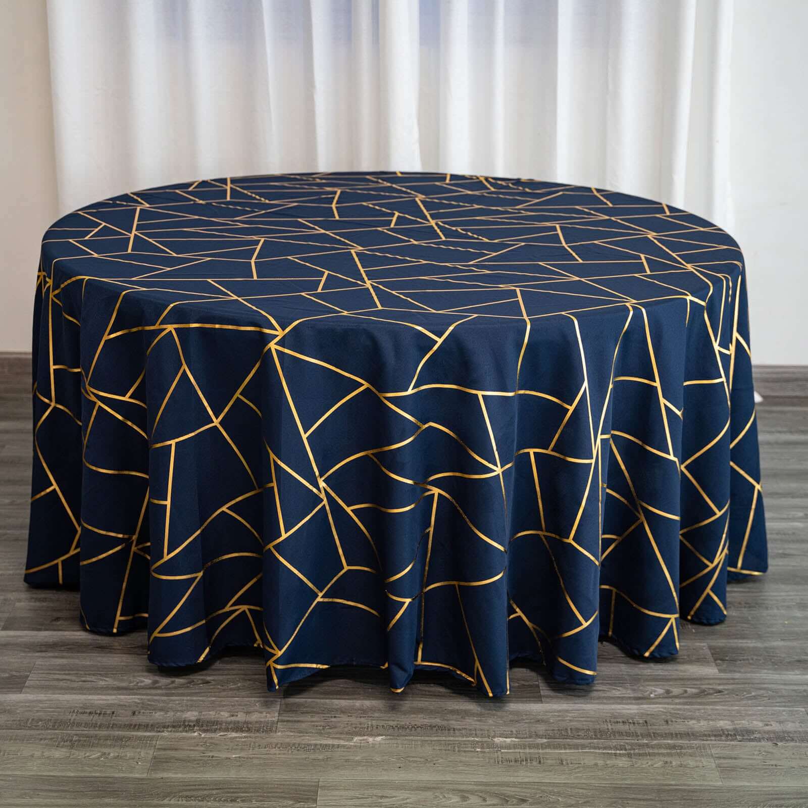 Polyester 120 Round Tablecloth Navy with Gold Foil Geometric Pattern Wrinkle-Resistant Seamless Table Cover