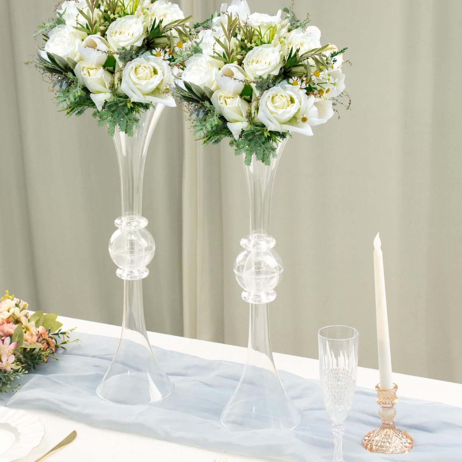 2-Pack Flower Vases Trumpet Design with Crystal Embellishments Clear - Reversible Plastic Table Centerpieces 21