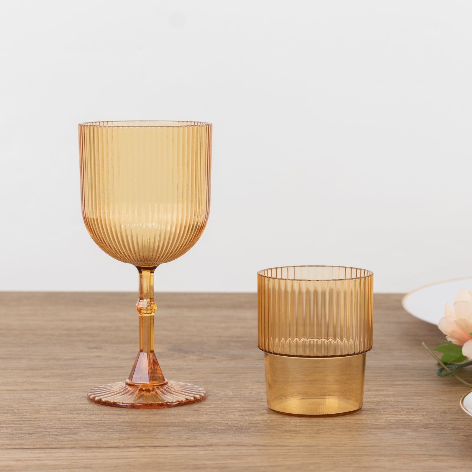 12-Pack Plastic Goblets Amber Gold Vintage Ribbed Pattern - Reusable Shatterproof Glassware 9oz