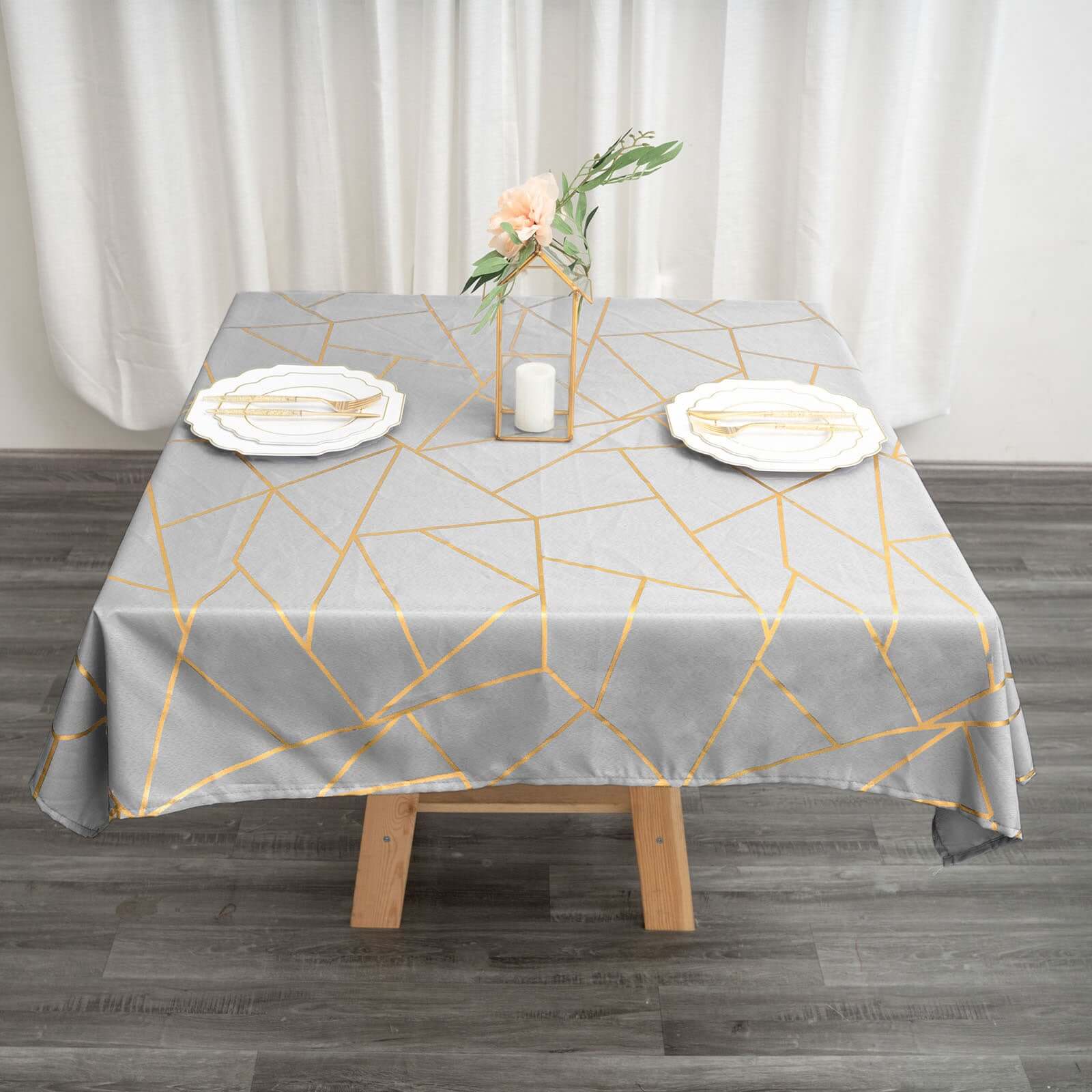 Polyester 54x54 Square Tablecloth Silver with Gold Foil Geometric Pattern - Wrinkle-Resistant & Durable for Stylish Settings