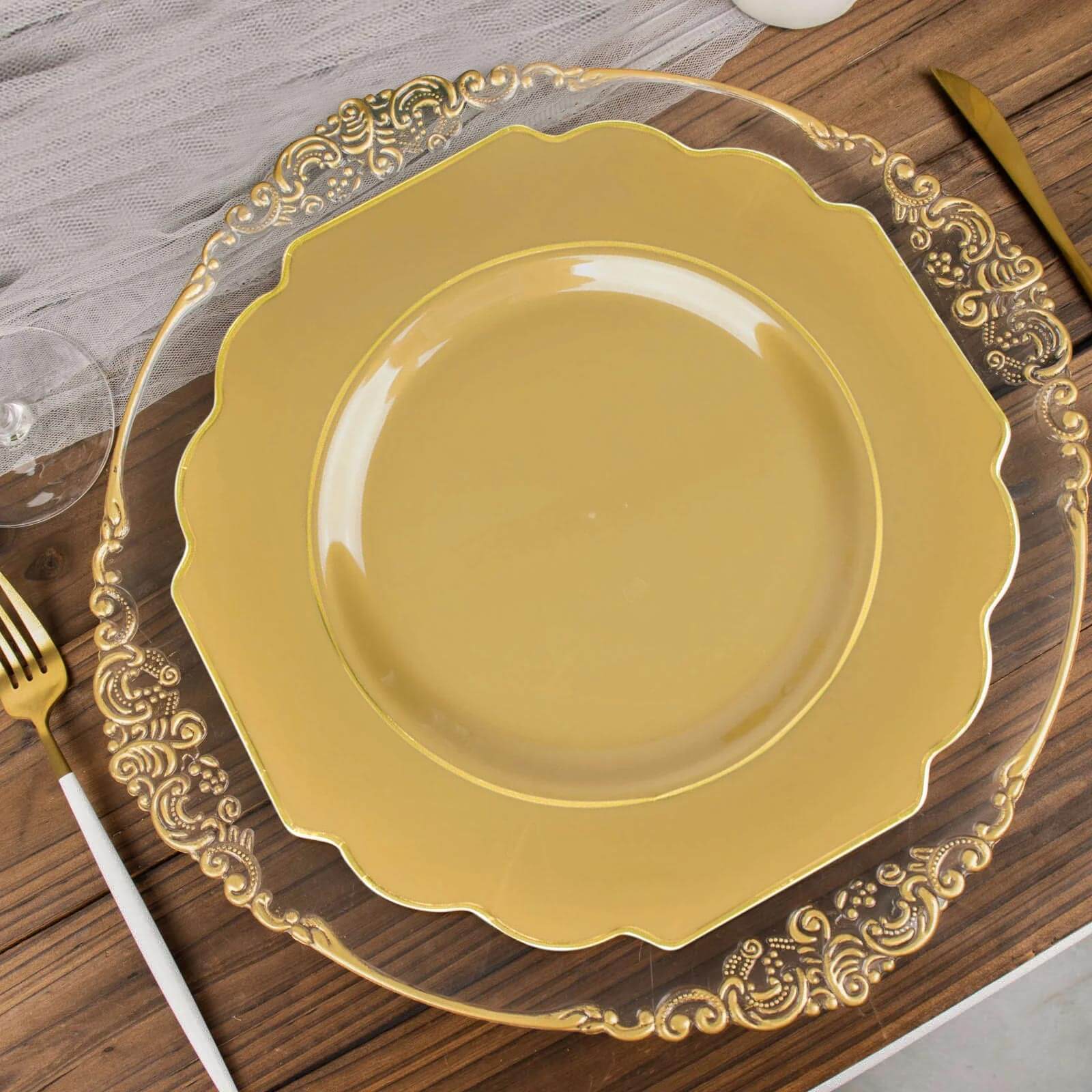 10-Pack Plastic Dinner Plates in Gold Baroque Design with Scalloped Gold Rim - Heavy Duty Disposable Party Plates for Events & Banquets 11