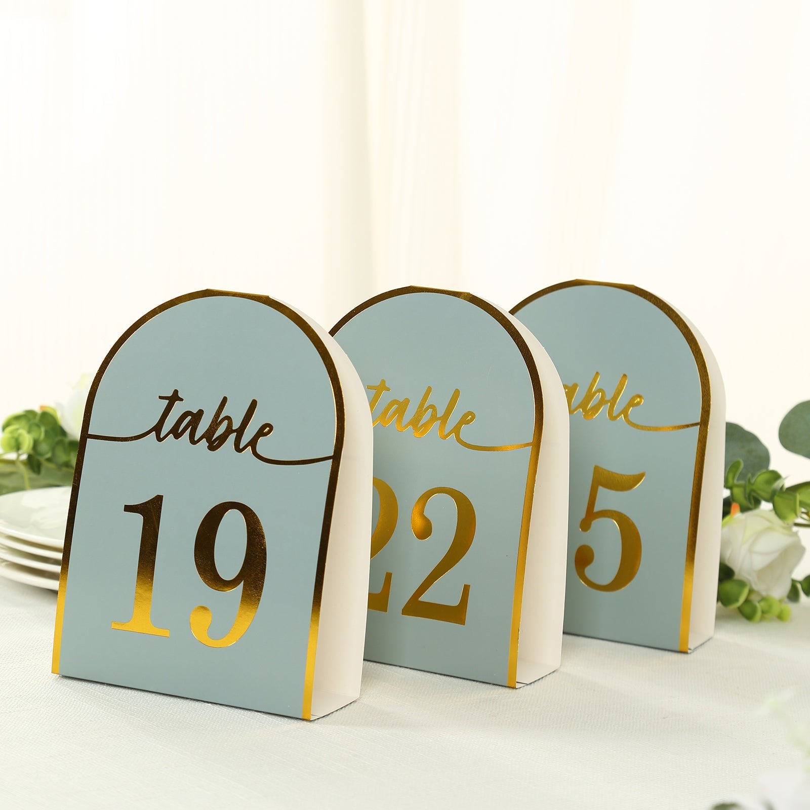 25-Pack Paper Wedding Table Numbers 1-25 Dusty Blue Arch Cutout Design - Sleek & Modern Free Standing Double Sided Table Tent Cards with Metallic Gold Foil Numbers 7