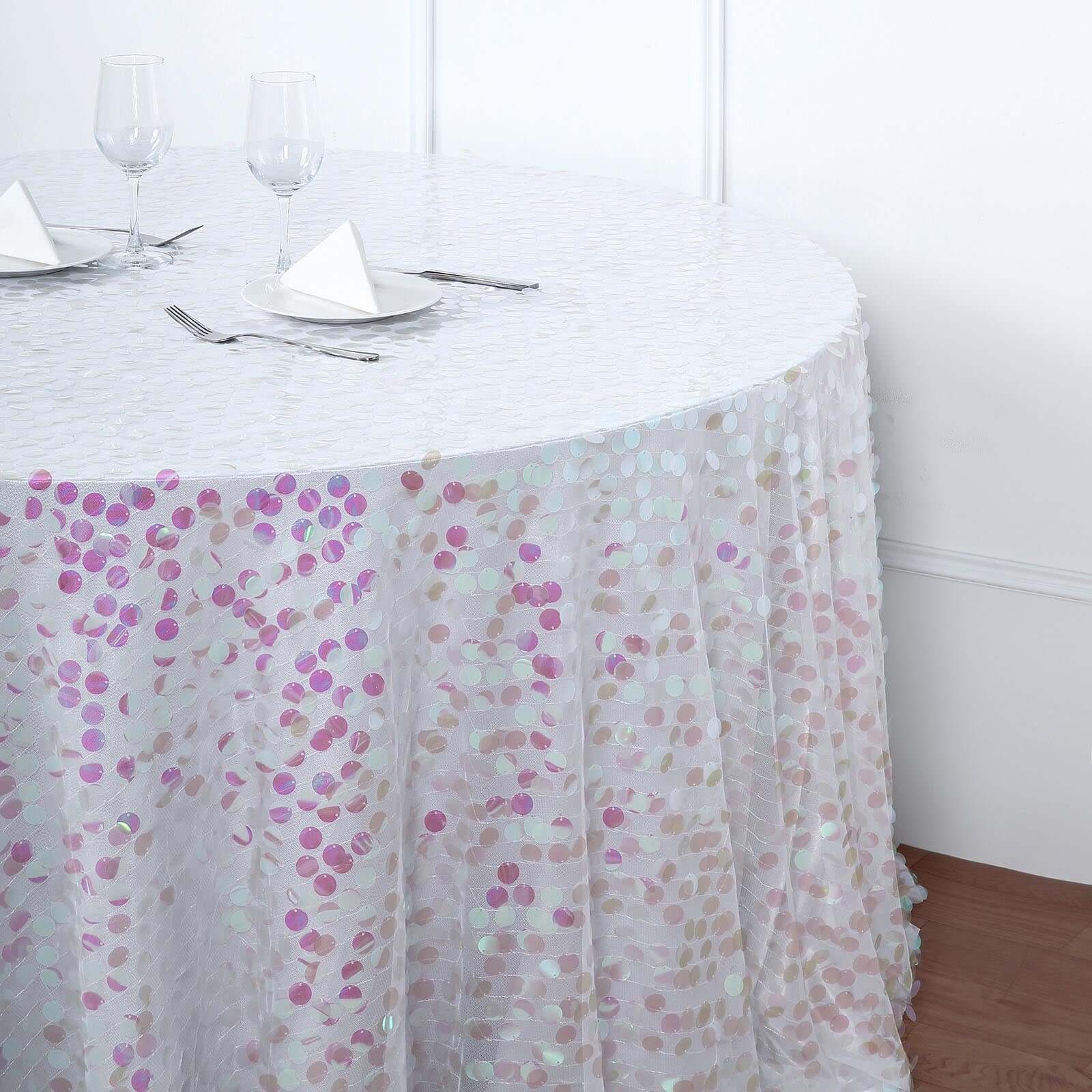 120 Iridescent Seamless Big Payette Sequin Round Tablecloth Collection for 5 Foot Table With Floor-Length Drop