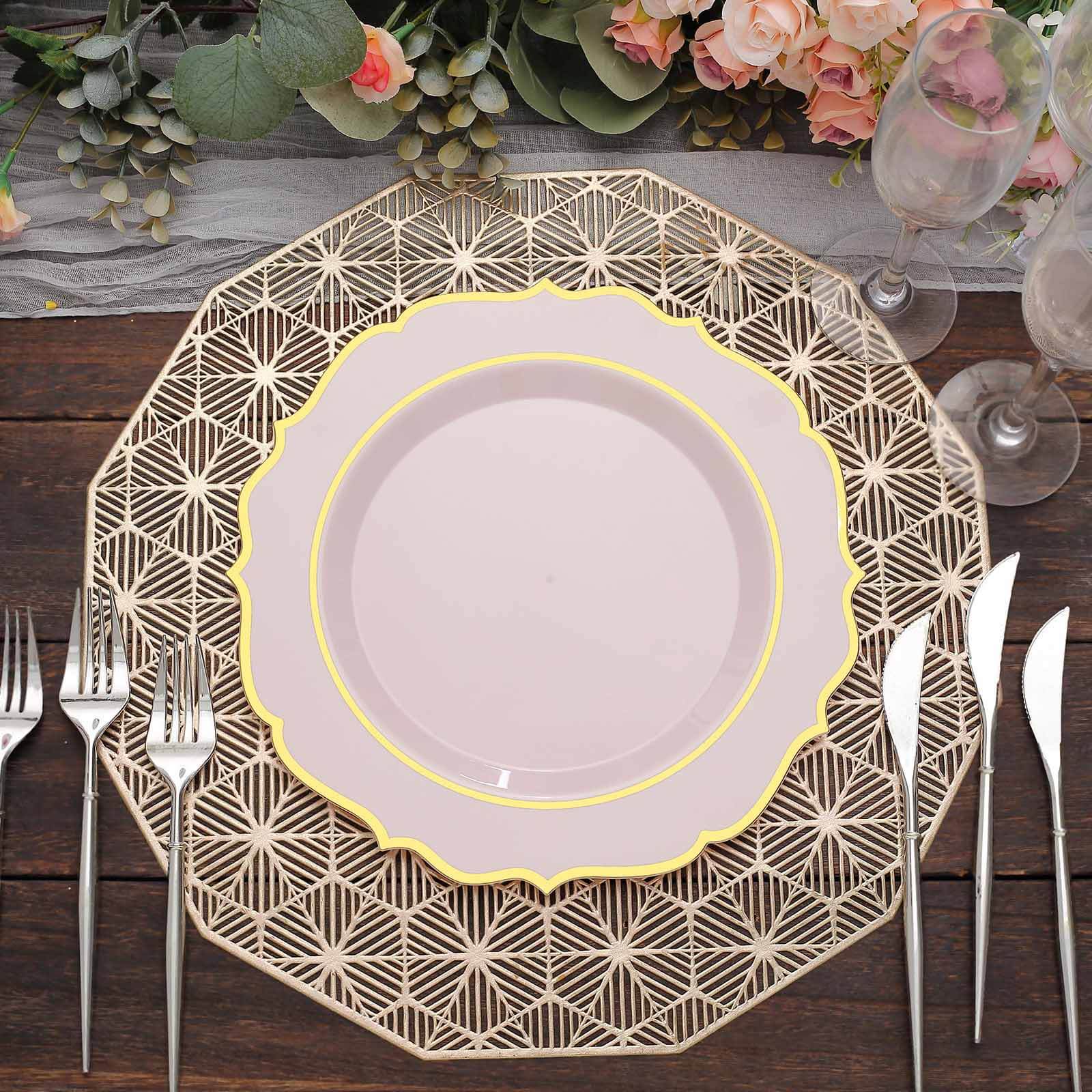 10-Pack Plastic 10 Round Dinner Plates in Blush with Gold Scalloped Rim - Disposable Party Plates