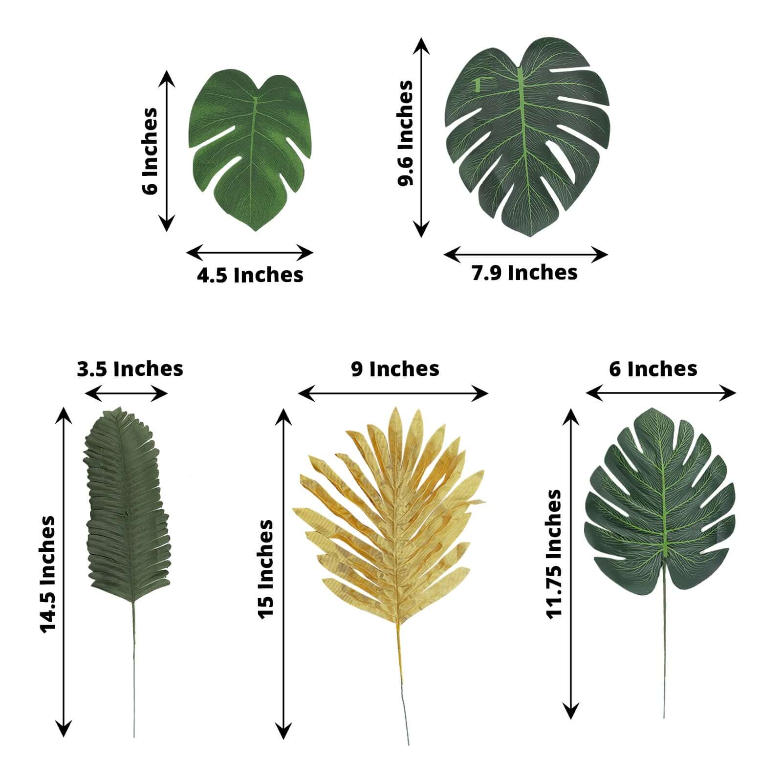 28 Pack Green And Gold Silk Tropical Monstera Palm Leaves, Assorted Artificial Jungle Theme Branches