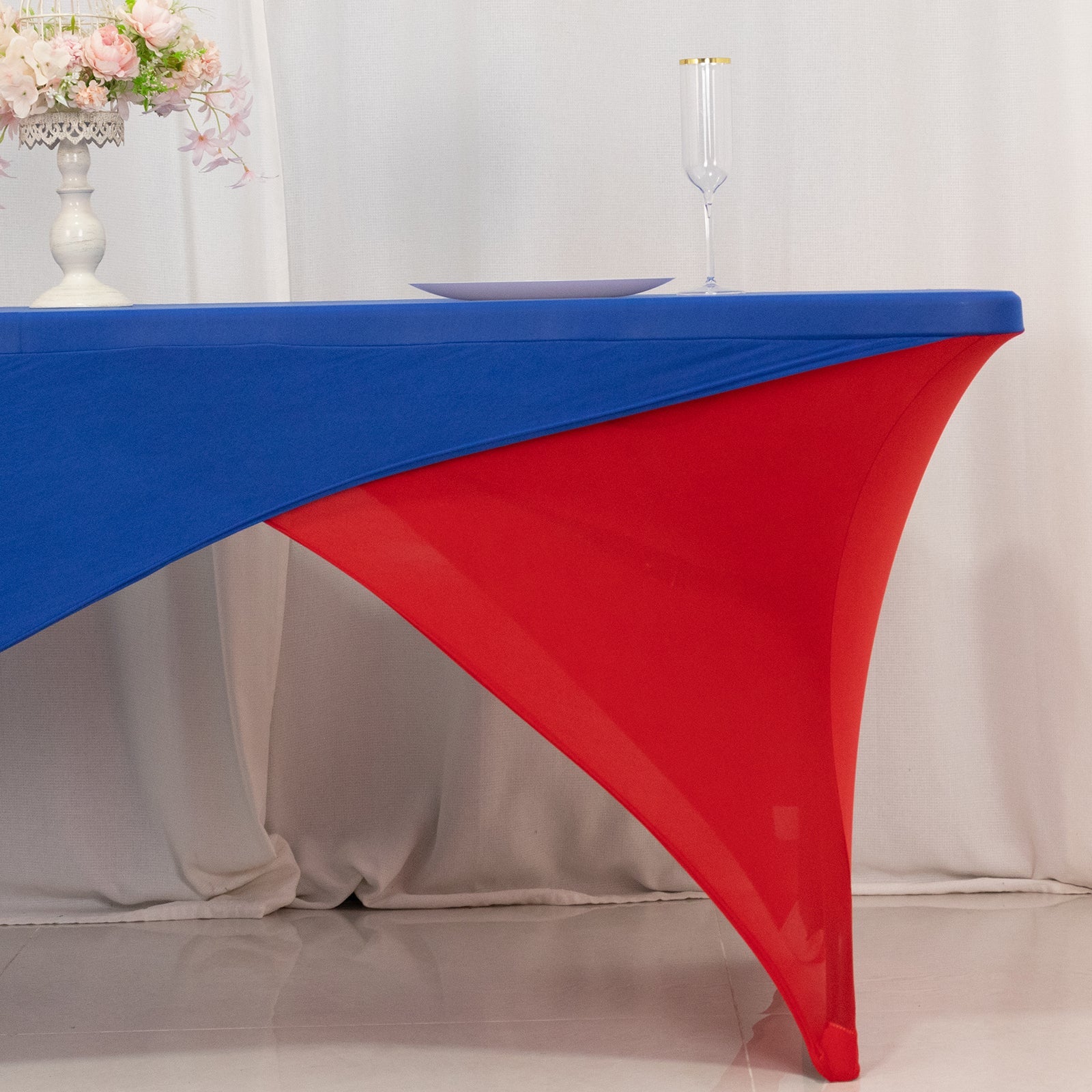 Stretch Spandex 72x30 Rectangle Table Cover Royal Blue/Red Cross Over Design - Two-Piece Fitted Tablecloth with Elastic Foot Pockets