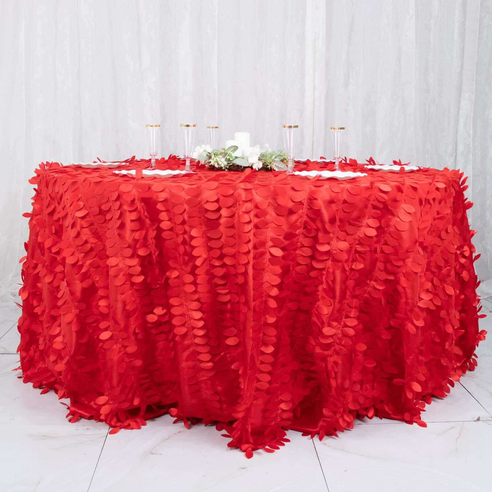 Taffeta 132 Round Tablecloth Red Leaf | 3D Leaf Petal Design Seamless Table Cover